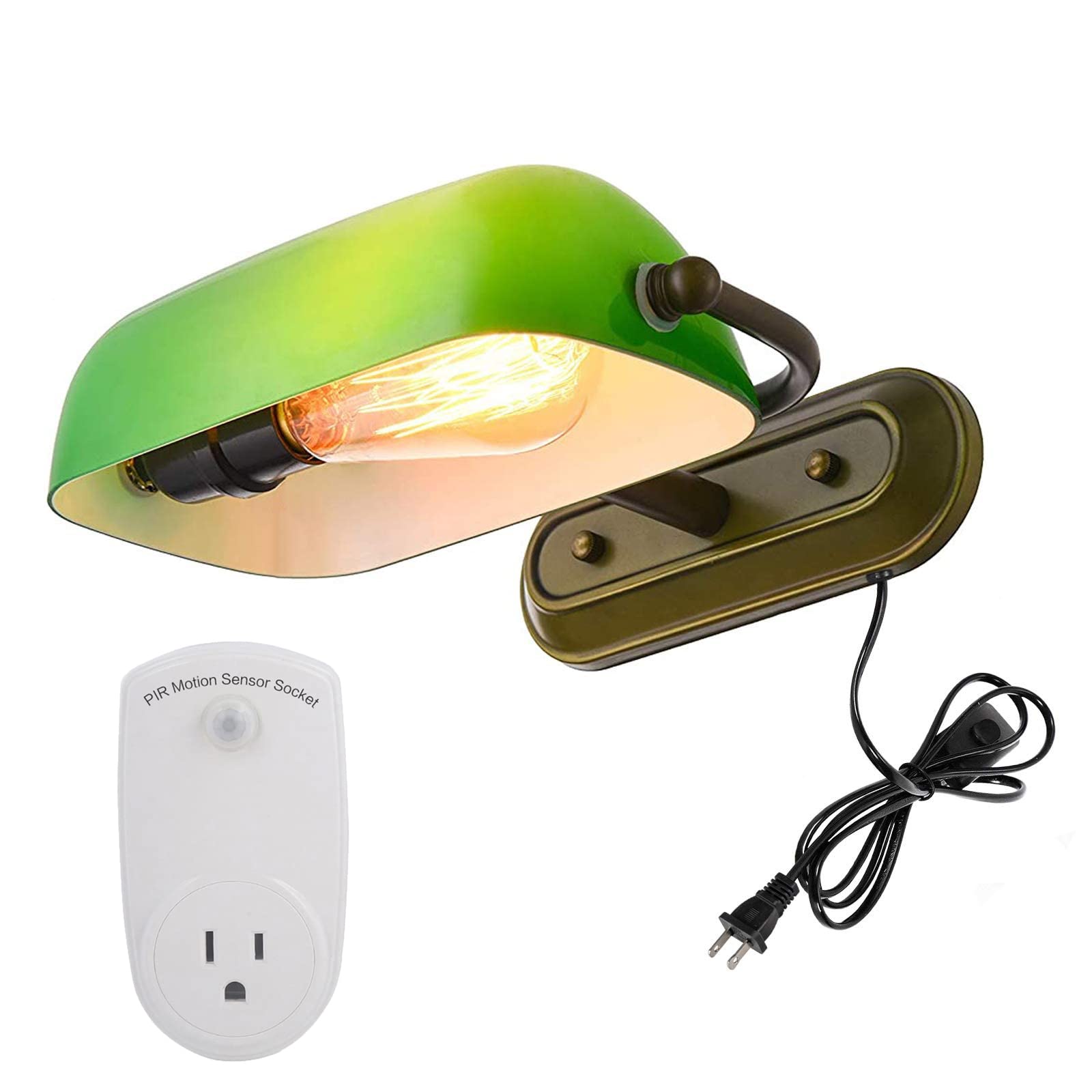 Kiven Plug-in Green Glass Bankers Wall Sconce Lamp with 6FT Cord & Motion Sensor - Automatic On/Off Lighting Fixture for Hallway, Bedroom, or Porch (1 Pack)