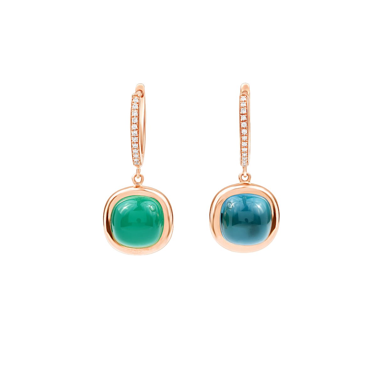 Reversible 14k Rose Gold Hoop Earrings with Green Agate, Blue Topaz & Diamonds – Elegant Bezel Set for Women | Perfect for Weddings, Parties & Everyday Wear