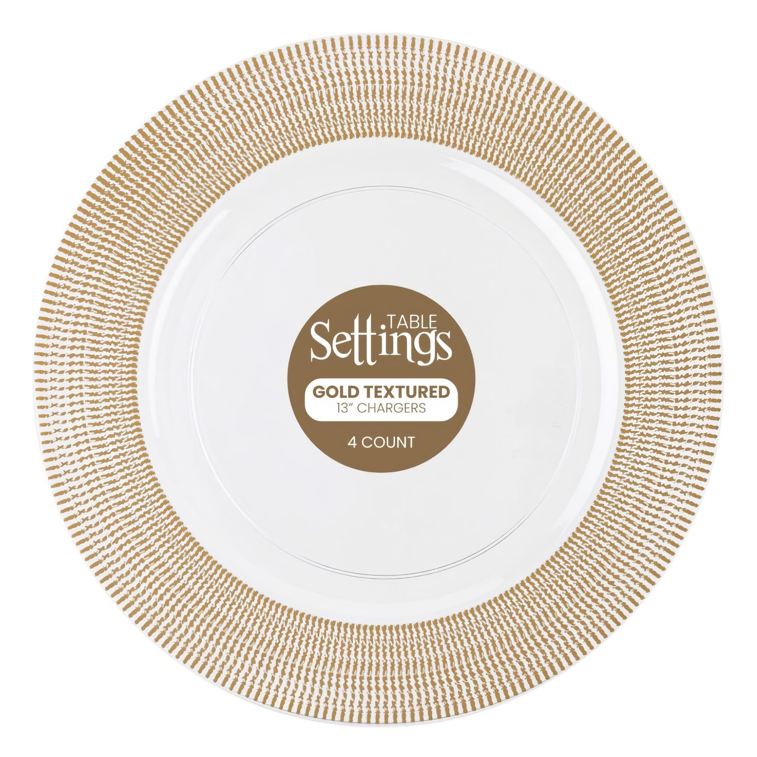 Elegant Round White Plastic Charger Plates with Gold Textured Rim - 13 Inch (Pack of 4) - Premium Disposable Salad Plates for Birthday Party, Wedding, Baby Shower, Themed Events & Everyday Home Use - Durable & Stylish Tableware for Restaurants, Catering & Family Gatherings