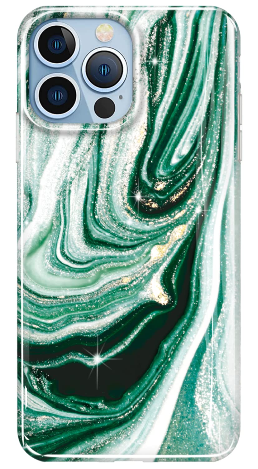 Luolnh Gold Glitter Sparkle iPhone 13 Pro Case - Marble Design Shockproof Slim Soft Silicone TPU Bumper Cover for iPhone 13 Pro 6.1 Inch (2021 Model, Green Stars) - Perfect for Everyday Protection & Stylish Accessorizing