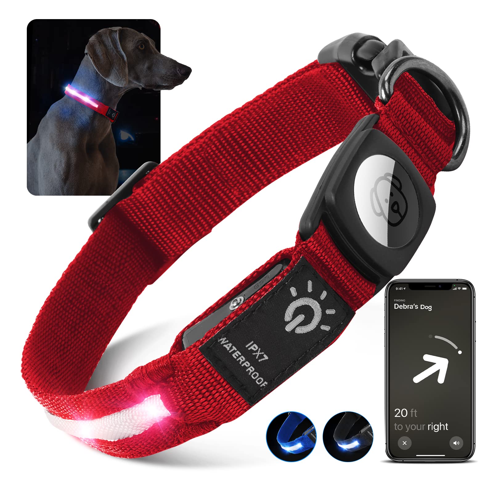 LED Air Tag Dog Collar with Light - IPX7 Waterproof & Rechargeable, Apple AirTag Holder Case for Small Medium Large Dogs - Perfect for Night Walks, Hiking & Pet Safety Tracking