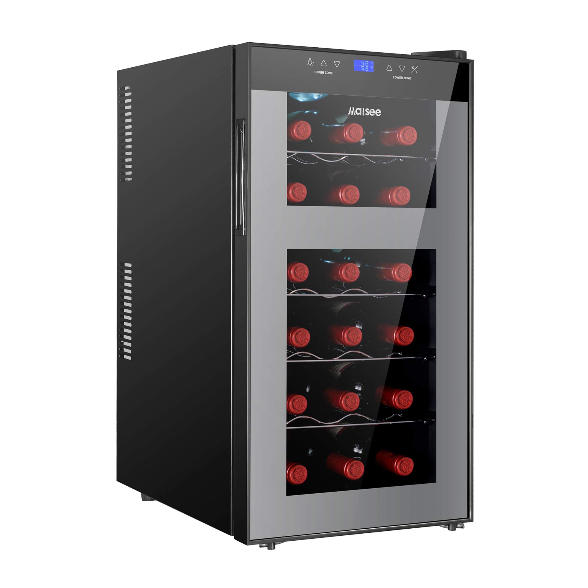 Maisee 18 Bottles Dual Zone Wine Cooler Refrigerator - 46°F-54°F Upper Zone & 54°F-65°F Lower Zone for Red/White Wine & Champagne Storage - Perfect for Home, Office, Bedroom or Countertop Use (Black)