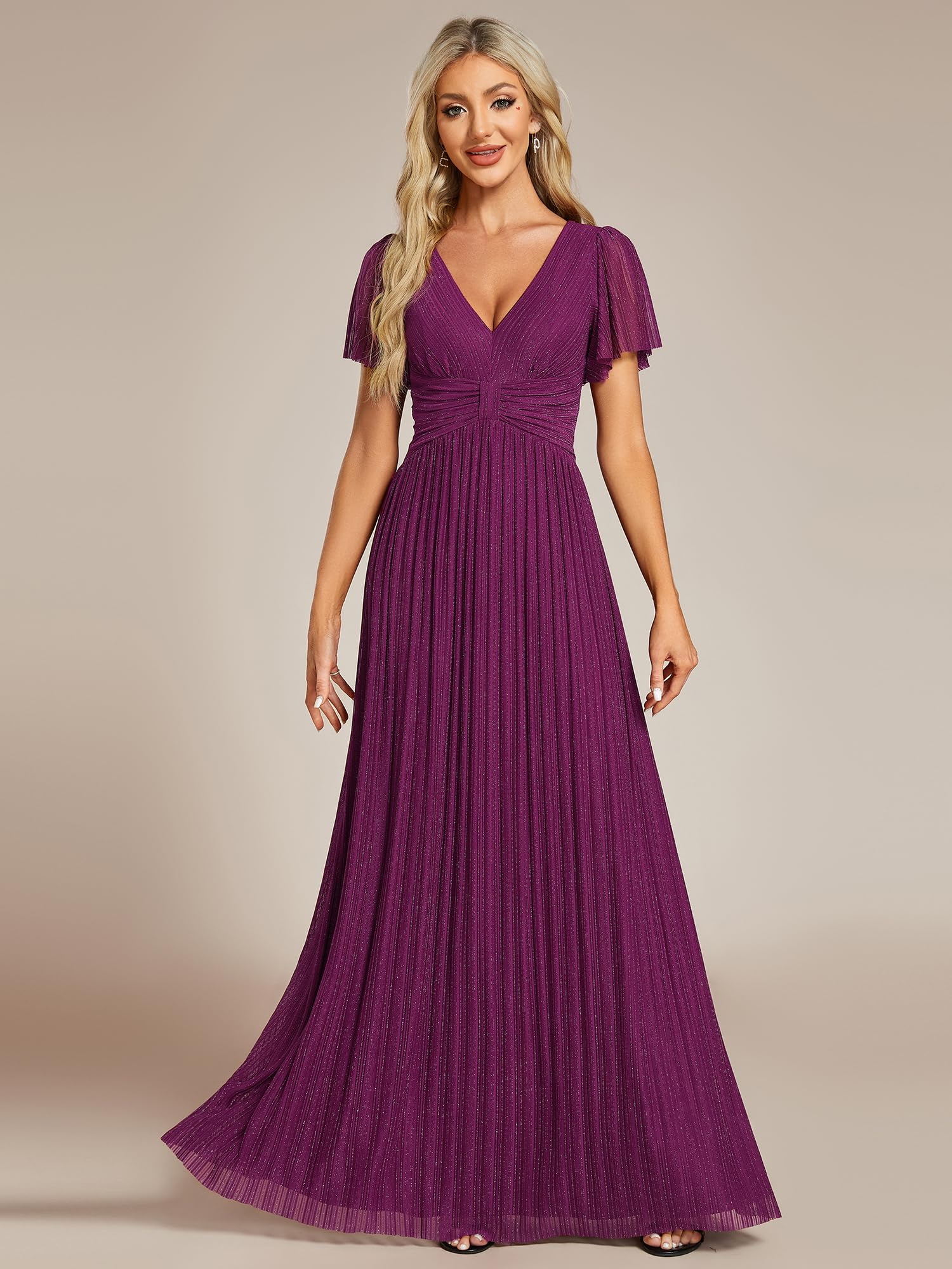Ever-Pretty Women's Glitter V-Neck Pleated Short Sleeve Wedding Guest Dress - Summer Evening Party Mother of the Bride Dress 11961 | Perfect for Garden Weddings, Cocktail Parties & Formal Events