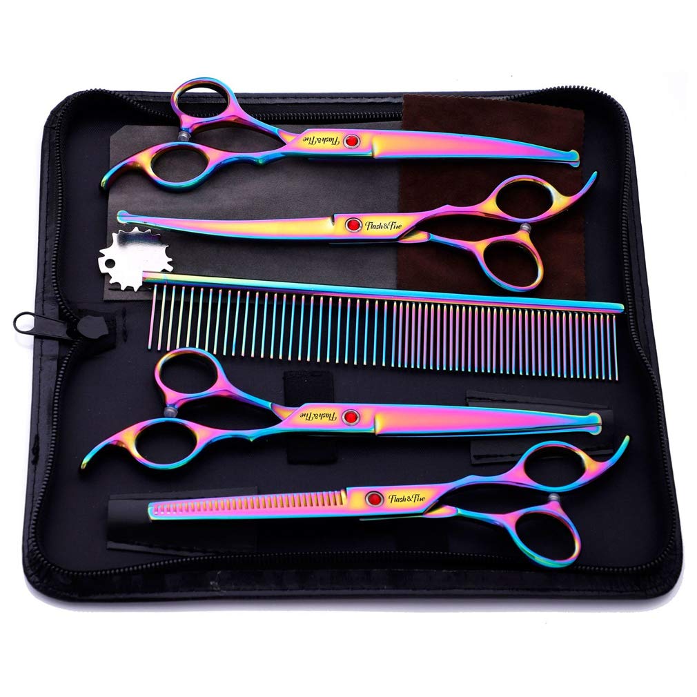 Premium 4-Piece Stainless Steel Pet Grooming Scissors Set for Dogs & Cats - Straight, Thinning, Curved Scissors & Comb - Professional Pet Hairdressing Shears for Home Grooming & Salon Use