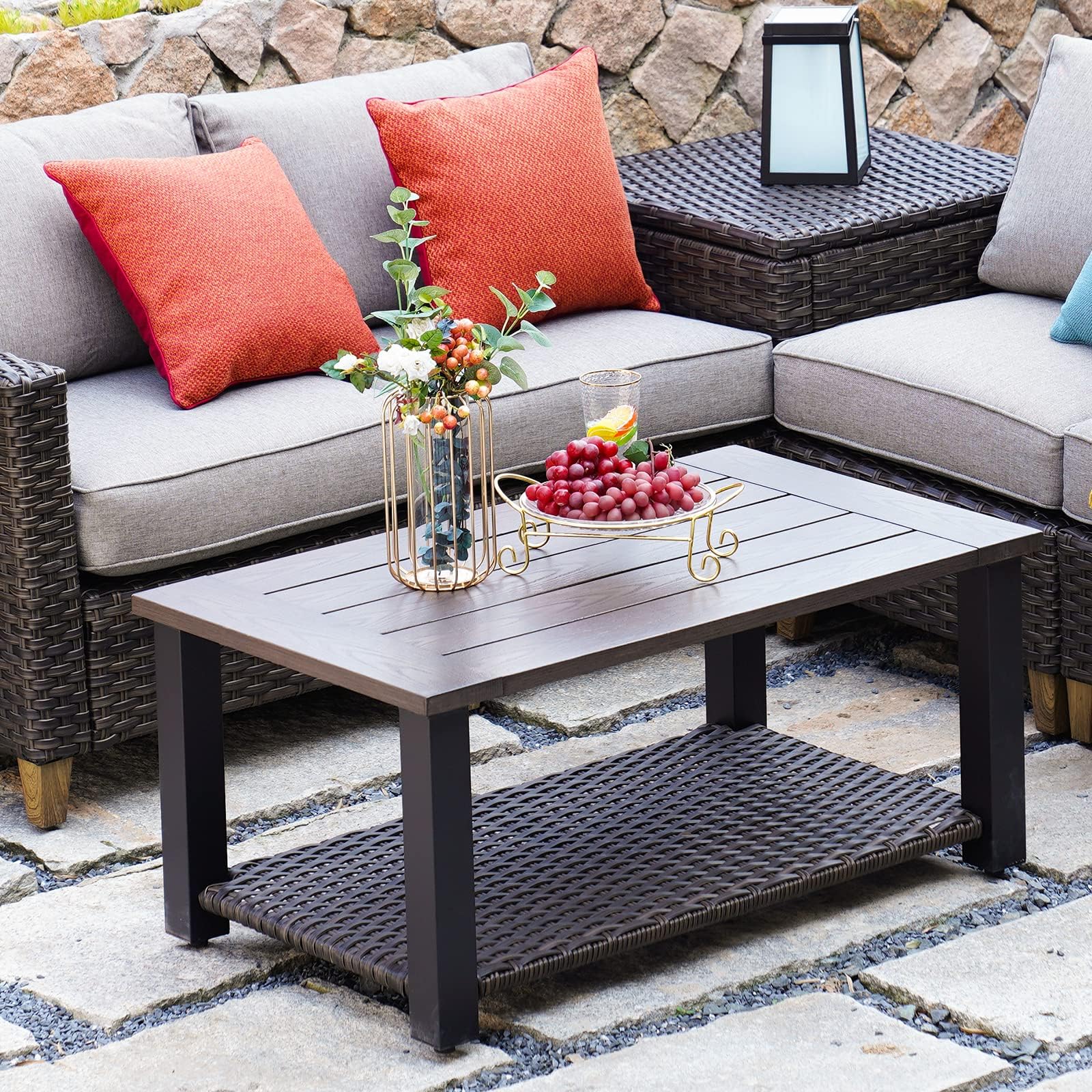 40-inch Modern Outdoor Coffee Table with Wicker Shelf Storage - Rectangle Faux Wood Patio Table for Conversation Sets | Durable Weather-Resistant Design for Backyard, Deck & Poolside Relaxation