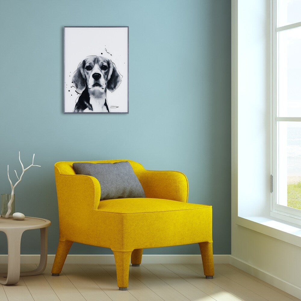 Beagle Black & White Dog Wall Art - Reverse Printed Glass with Gunmetal Frame | Modern Home Decor for Living Room, Bedroom & Office
