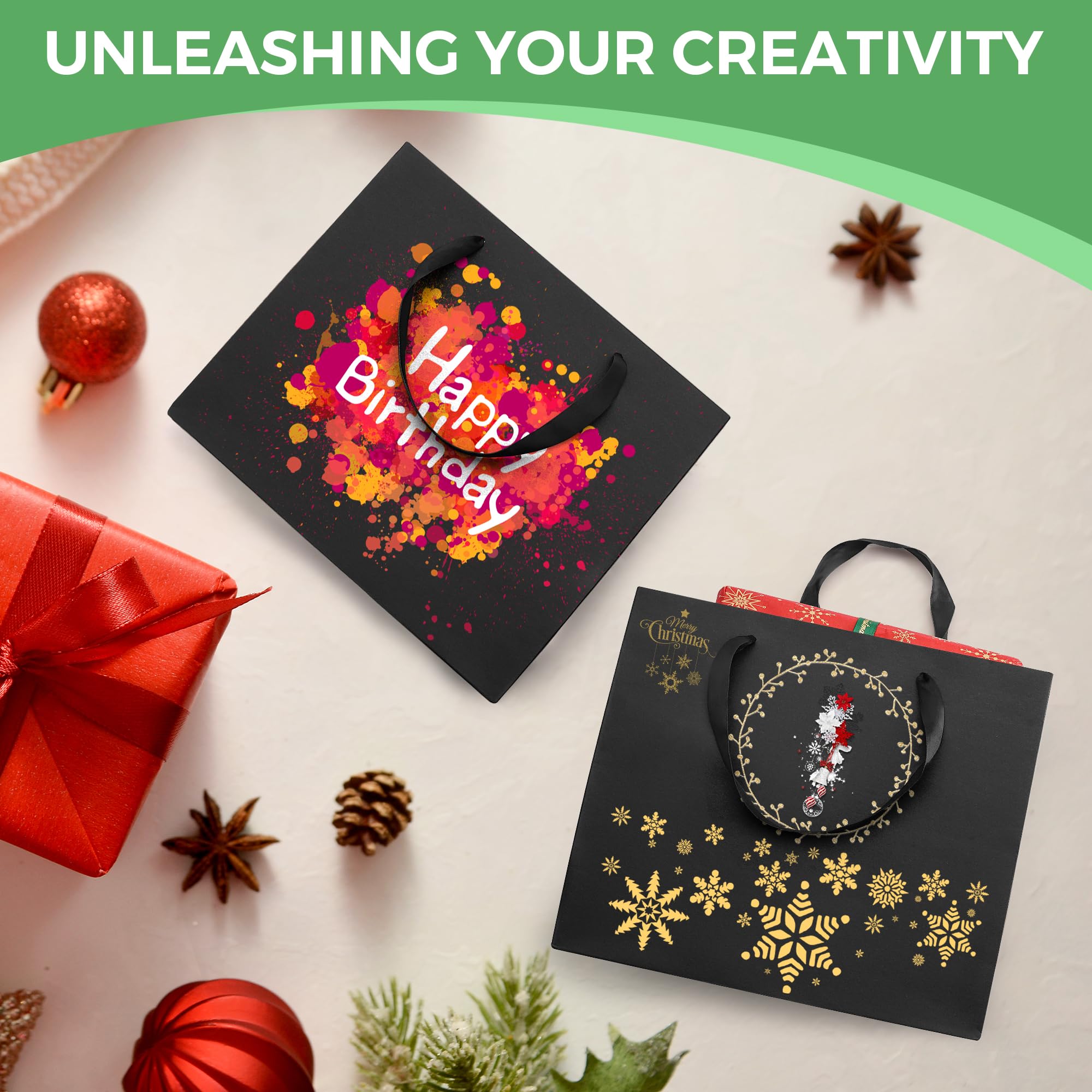 Premium Black Gift Bags with Handles - 12.5x4.5x11 Inch (6 Pack) Bulk Party Favor Bags for Weddings, Birthdays, Baby Showers & Holiday Gifting - Elegant Large Paper Shopping Bags for Special Occasions