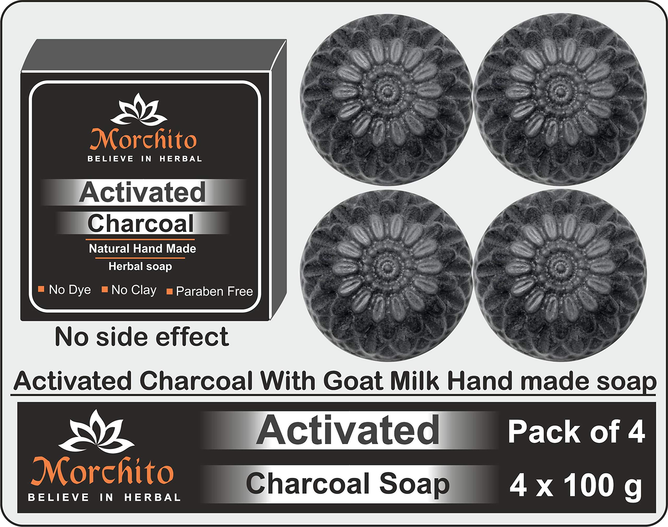Morchito Charcoal Goat Milk Soap for Women - Skin Whitening, Acne & Blackhead Treatment, Natural Cleansing Bar (Pack of 4, 100g Total) | Gentle Face & Body Wash for Clear, Glowing Skin - Perfect for Daily Skincare Routine & Sensitive Skin Care