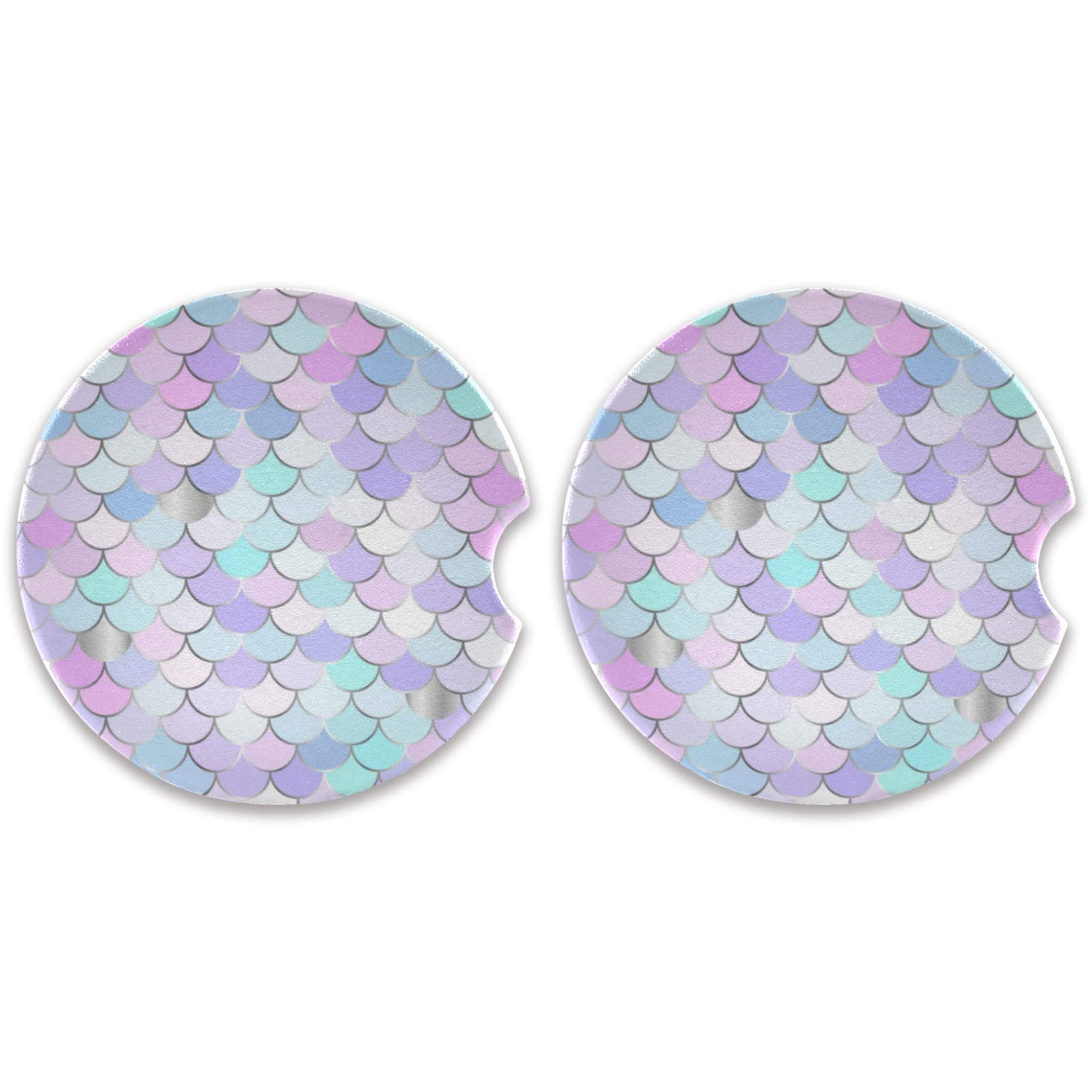 Qilmy Mermaid Car Cup Holder Coasters Set of 2 - Absorbent Ceramic Stone Coasters with Finger Notch for Easy Removal - Perfect for Car, Office, and Home Use to Prevent Spills and Stains