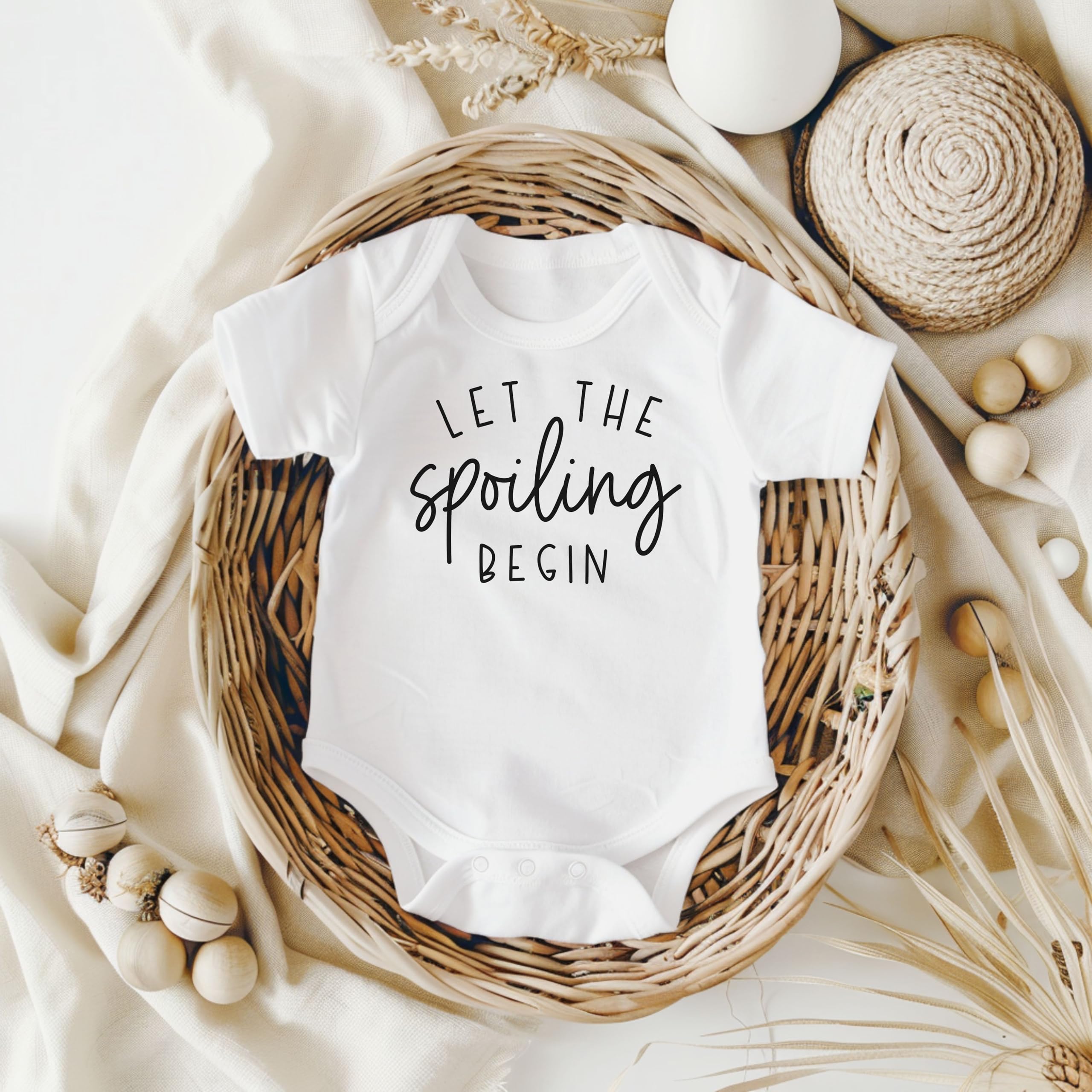 Let The Spoiling Begin Pregnancy Announcement Baby Bodysuit - Cute Infant Onesie for Grandparents, Aunts & Uncles - Soft White Newborn Outfit - Perfect Gender Reveal & Baby Shower Gift