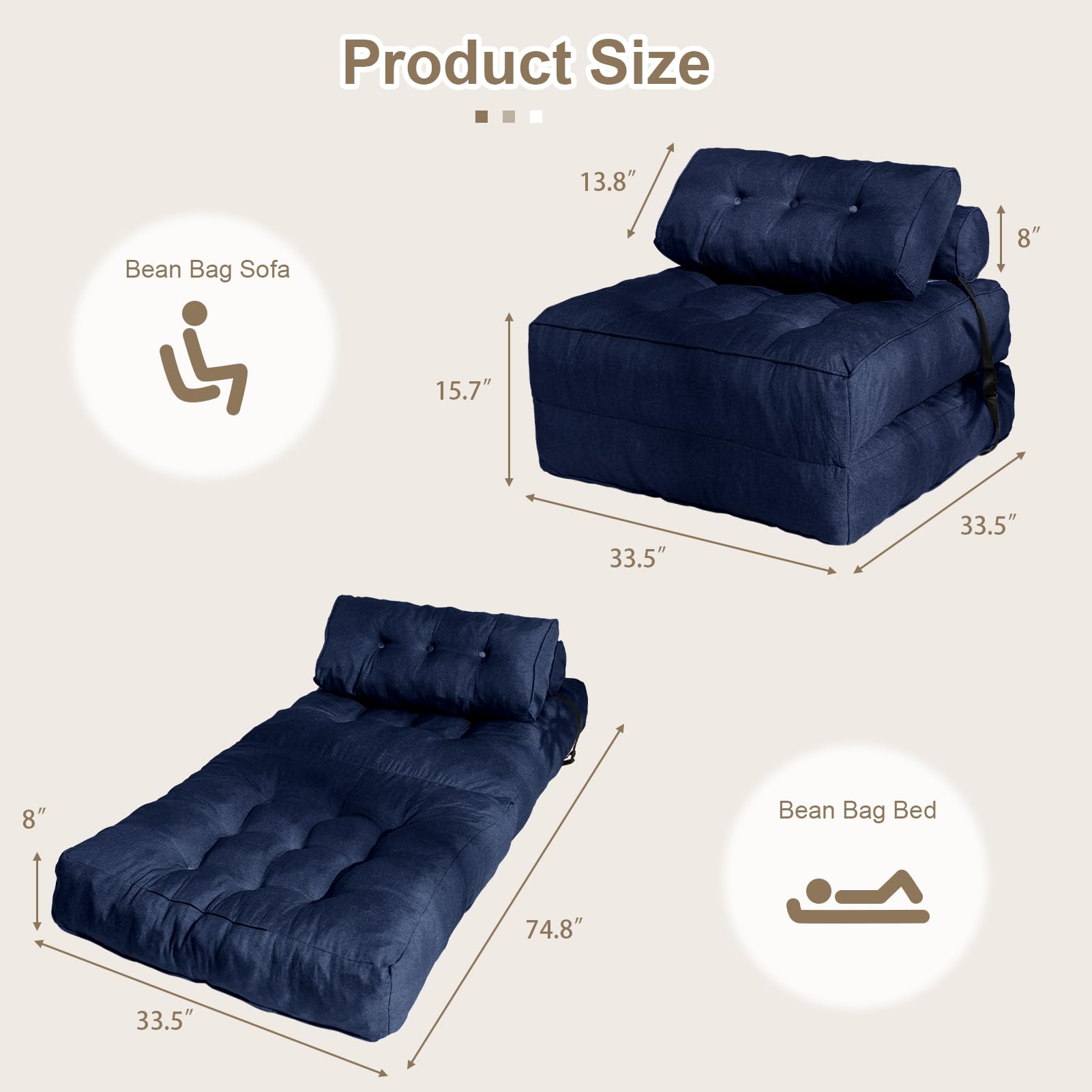 MAXYOYO Folding Couch Sofa Bed - Convertible Sleeper Chair with Back Support & Pillow, Navy Blue - Perfect for Small Spaces, Guest Rooms & Apartments