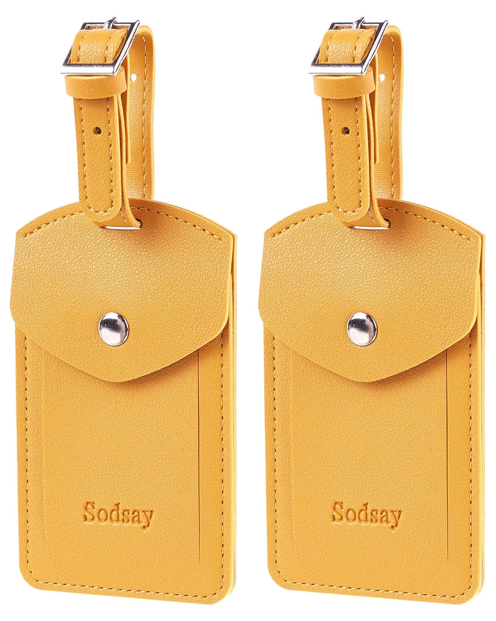 Sodsay Genuine Leather Luggage Tags for Travel - 2 Pack with Privacy Flap ID Card Holder | Durable Suitcase Tags for Business Trips, Vacations & Airport Security