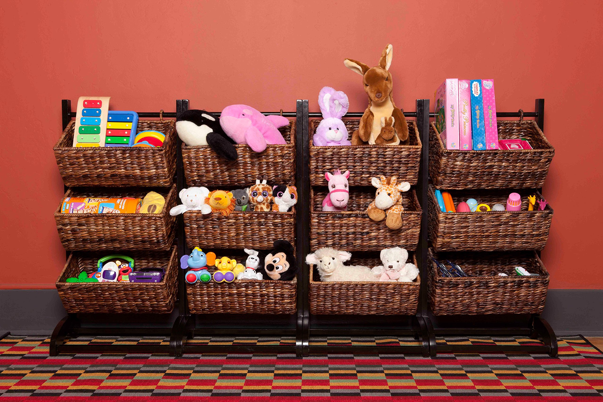 BIRDROCK HOME 3-Tier Storage Shelf with Solid Wood Frame & Handwoven Abaca Baskets - Durable Organizer for Living Room, Bedroom, Kitchen - Natural Brown & Espresso Finish - Perfect for Storing Blankets, Toys, Books & Kitchen Essentials