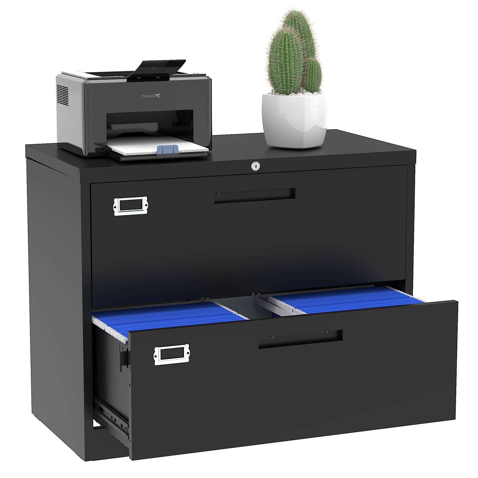 2-Drawer Black Metal Lateral File Cabinet with Lock - 35.4