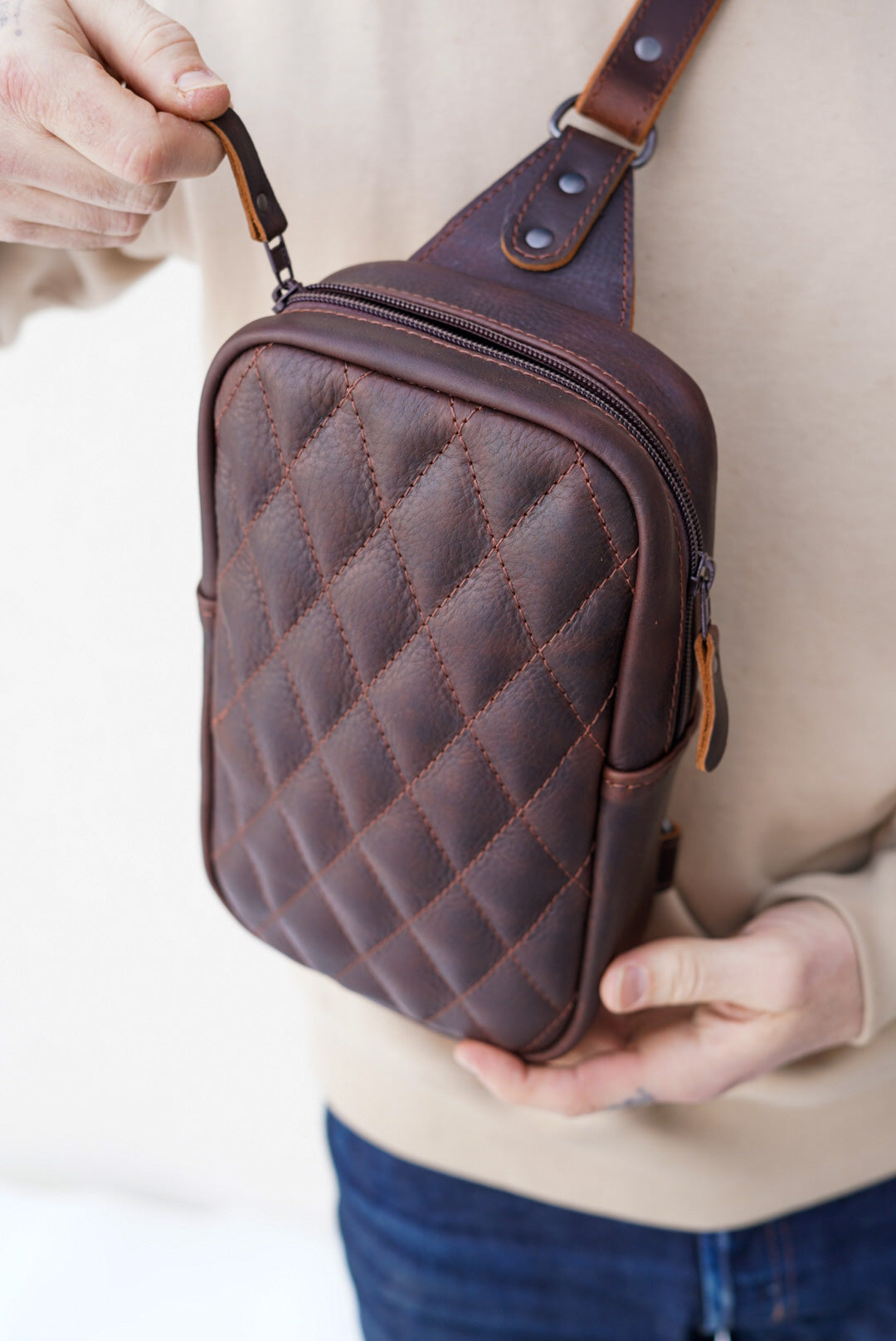 Diamond Stitch Sling Bag - Pitstop Briar Brown Crossbody Bag for Men & Women | Perfect for Travel, Hiking & Everyday Use