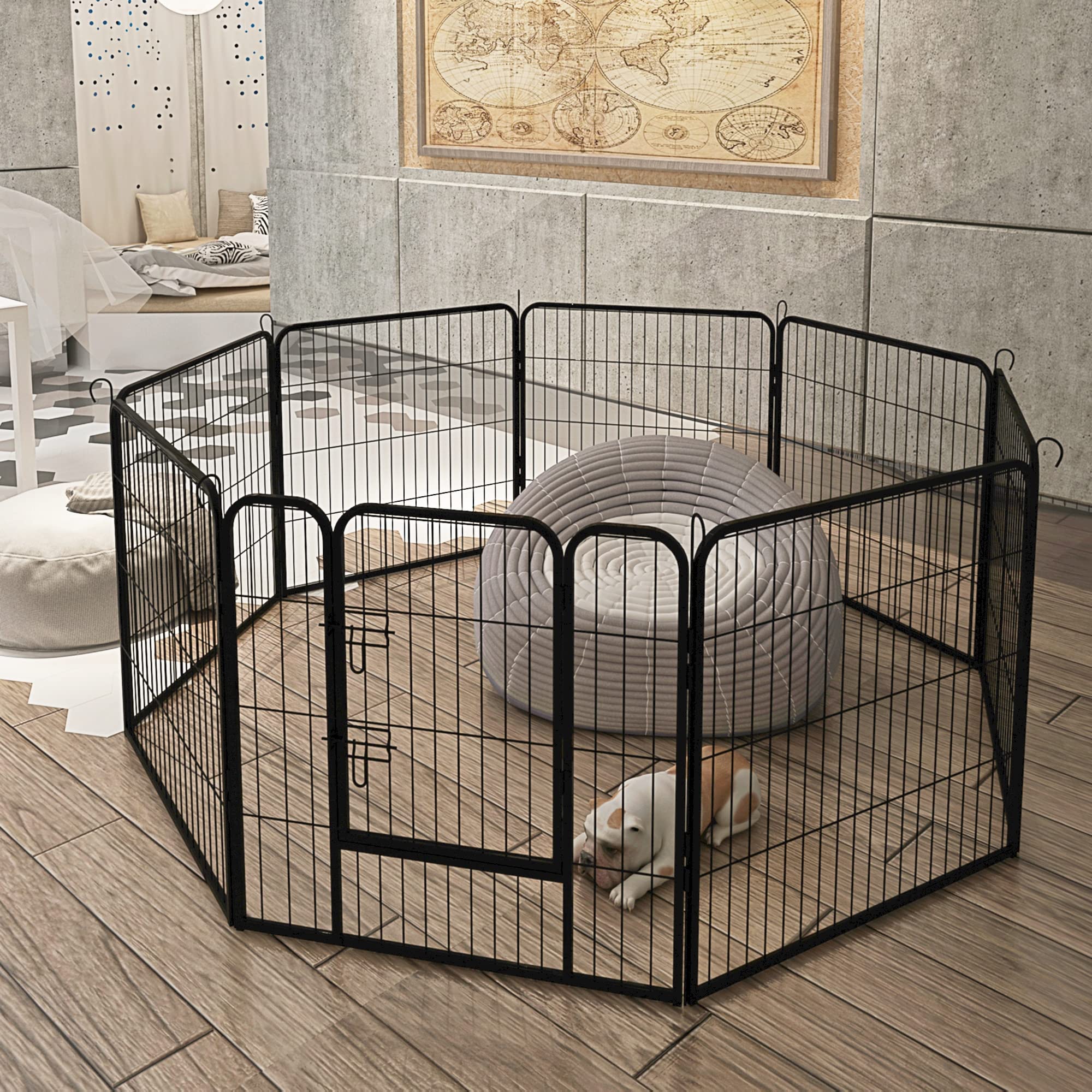 8-Panel Metal Pet Fence - Large Indoor Dog Playpen for Puppies | Heavy Duty Iron Dog Gate with Black Finish | Perfect for Home, Yard & Training Use