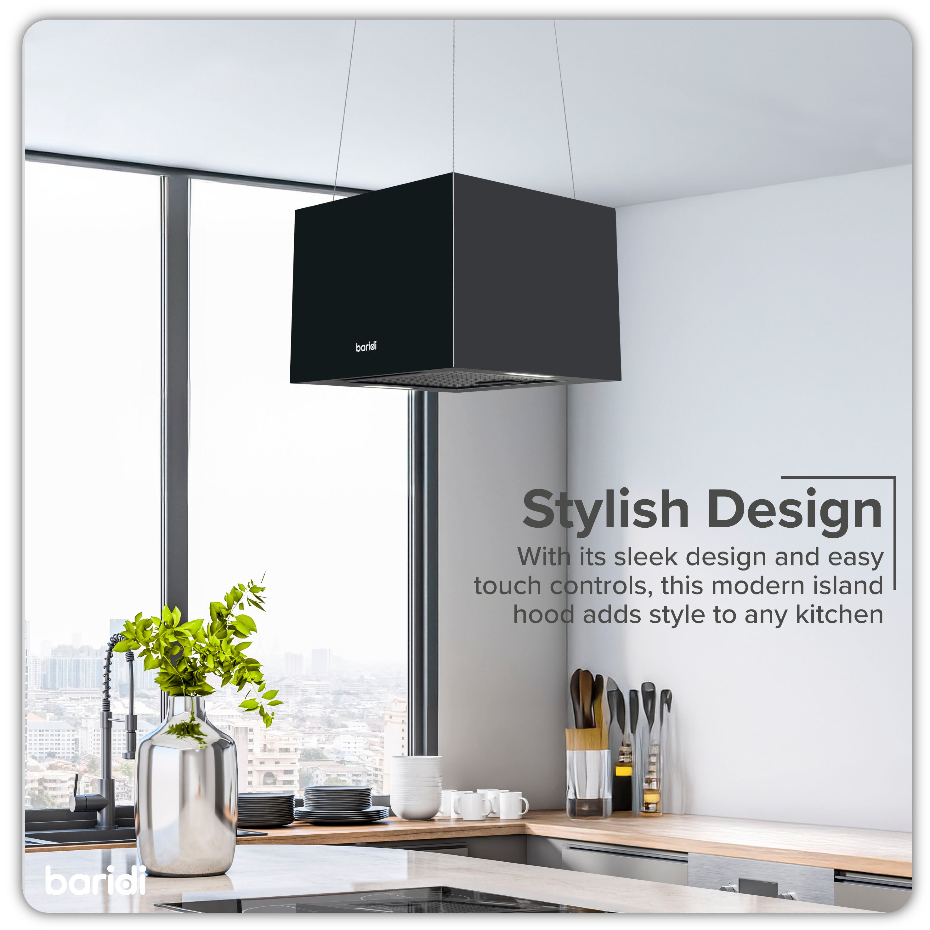Baridi Island Cooker Hood - 40cm Square Stainless Steel Range Hood with 3 Speed Settings, Black (DH109) - Perfect for Modern Kitchens and Open-Plan Living Spaces
