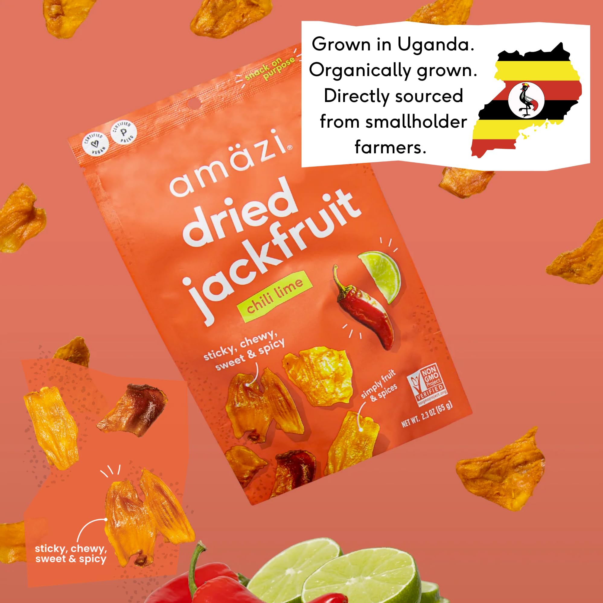 Amäzi Foods Chili Lime Dried Jackfruit Snacks - 6 Pack | All Natural, Gluten Free, Vegan Healthy Dried Fruit | Perfect for On-the-Go, Hiking, Office & School Snacking
