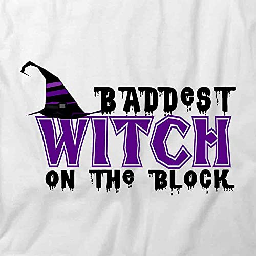 Baddest Witch On The Block Graphic T-Shirt - White Cotton Printed Tee for Halloween, Cosplay & Witch-Themed Parties