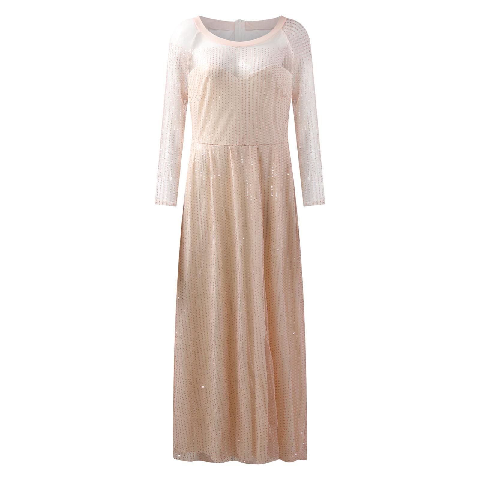 Usuma Women's Sexy Midi Dress - Long Sleeve Round Neck Slim Fit Sequined T-Shirt Dress for Party, Date Night & Special Occasions