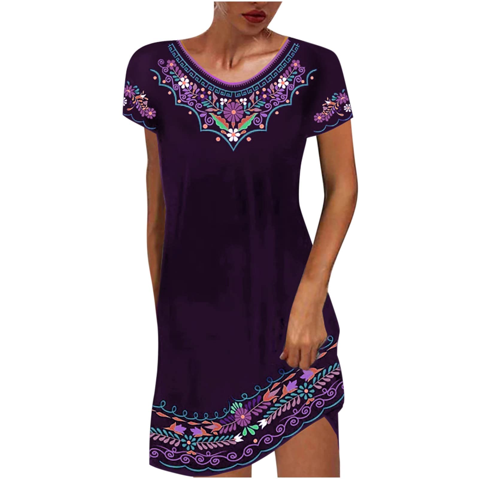 FAVIPT Women's Summer Dresses - Vintage Floral Print Casual Short Sleeve Tunic Dress with Ethnic Design | Perfect for Beach Vacation, Date Night & Summer Outfits