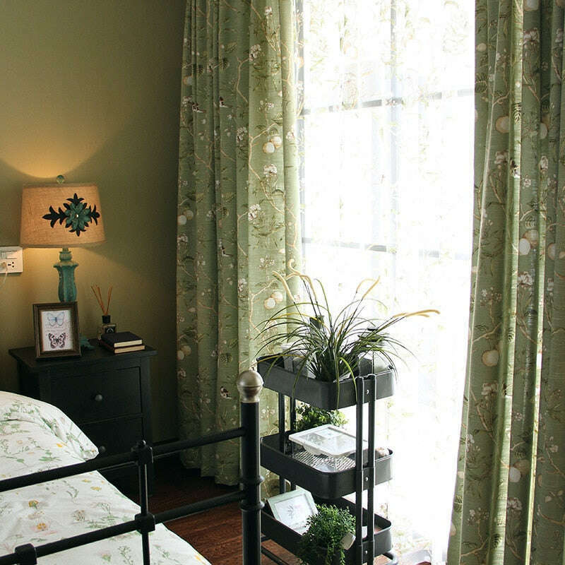 Astor American Country Garden Birds Print Semi-Sheer Curtains - Green | Light Filtering Window Treatments for Living Room & Bedroom