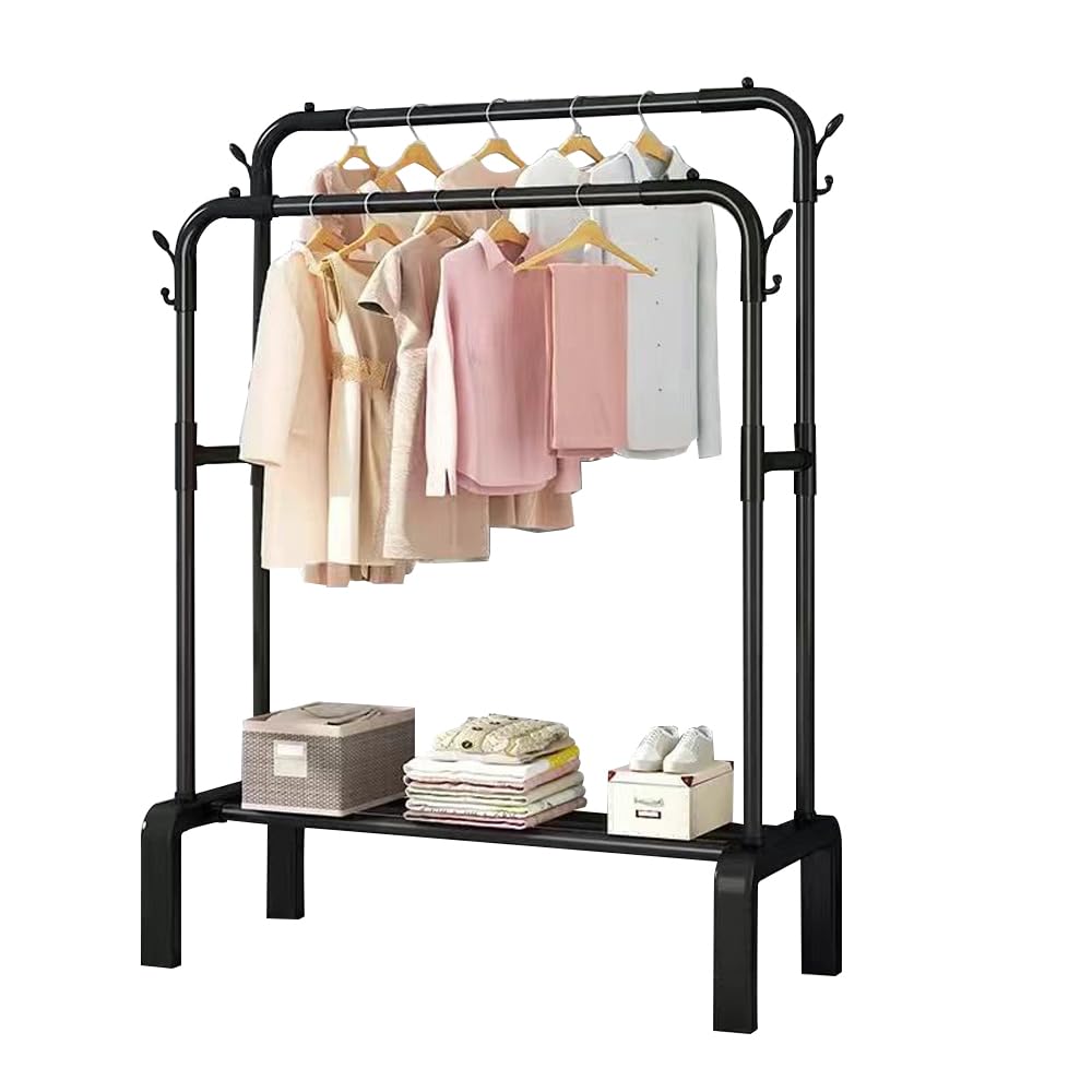 Double Rod Garment Rack with 4 Hooks - Heavy Duty Clothes Hanging Organizer for Coats, Shirts, Skirts & Sweaters | Space Saving Bedroom & Closet Storage Solution | Perfect for Small Spaces, Dorm Rooms & Laundry Areas