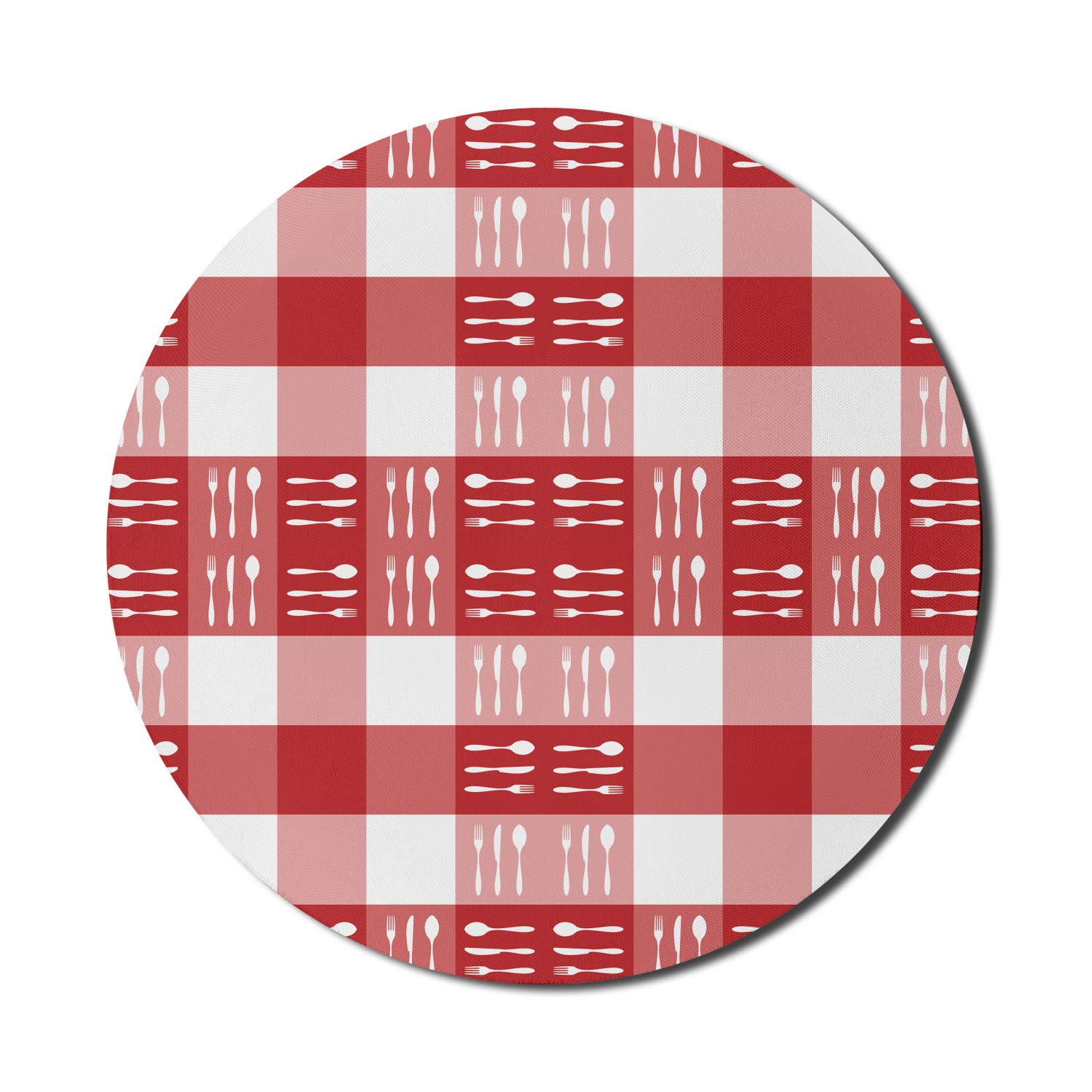 Ambesonne Round Non-Slip Gaming Mouse Pad - 8 Inch Thick Rubber Computer Mousepad with Checkered Cutlery Design (Spoons Forks Dinner Pattern) in Coral Dark Coral White - Perfect for Office, Home, Gaming & Picnic Use
