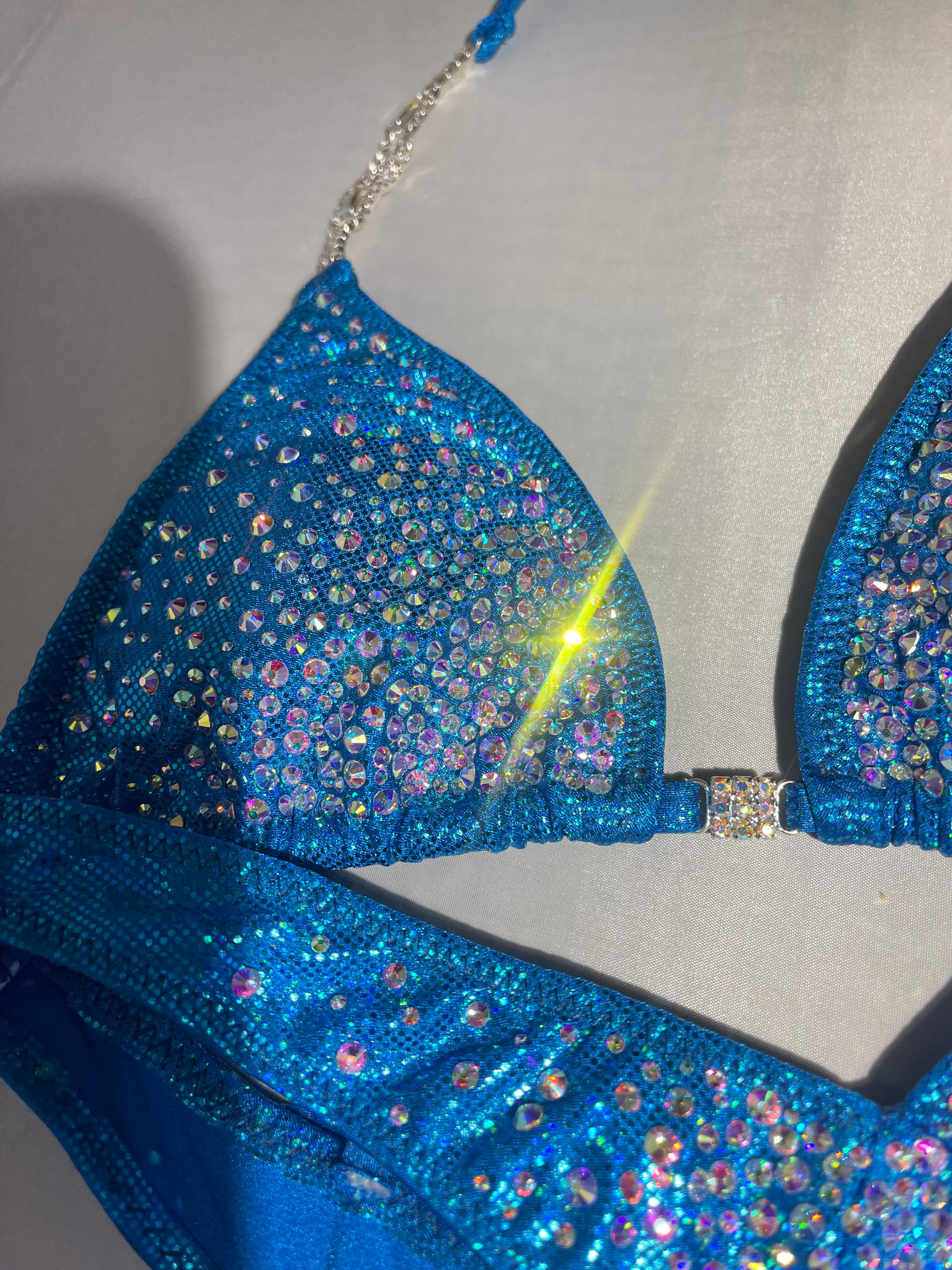 Stunning Turquoise Shattered Glass AB Rhinestone Burst Figure Physique Bodybuilding Posing Suit - Competition, Stage Performance, Fitness Shows