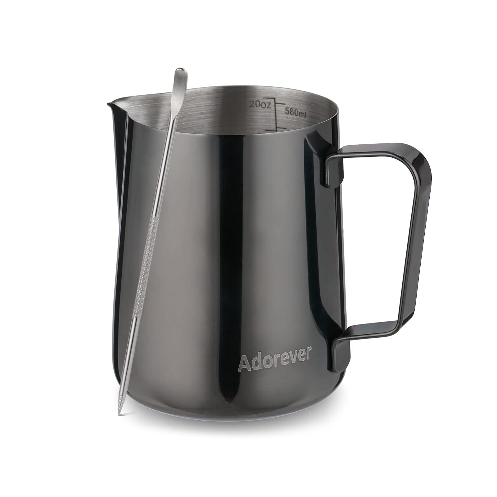 Professional 600ml (20oz) Stainless Steel Milk Frothing Pitcher for Cappuccino, Latte & Coffee Art - Barista-Grade Steaming Jug with Decorating Pen (Bright Black) - Perfect for Home Baristas & Coffee Shops