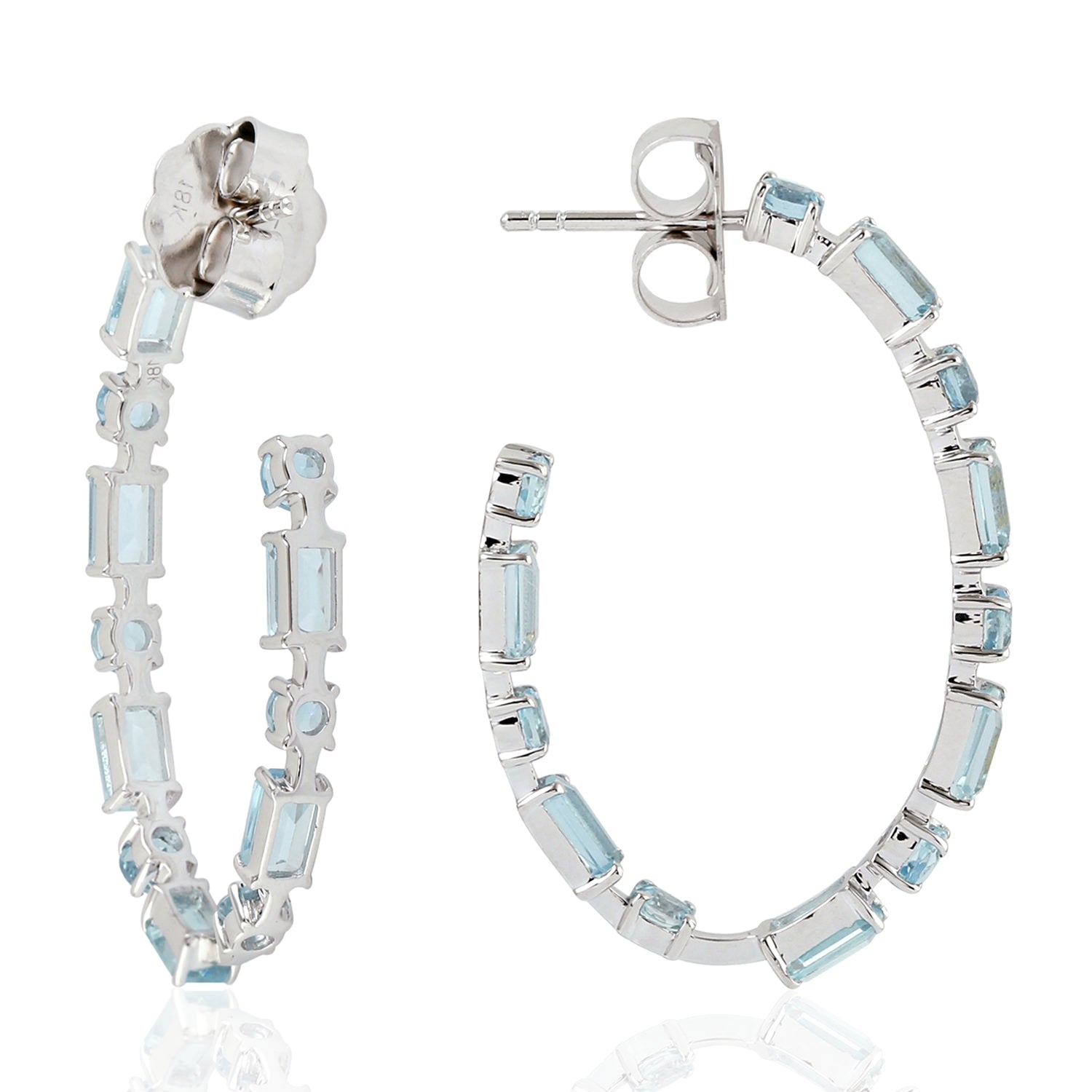 18K White Gold Baguette Cut Aquamarine Long Hoop Earrings | Elegant Dangle Earrings for Women | Perfect for Weddings, Parties & Special Occasions