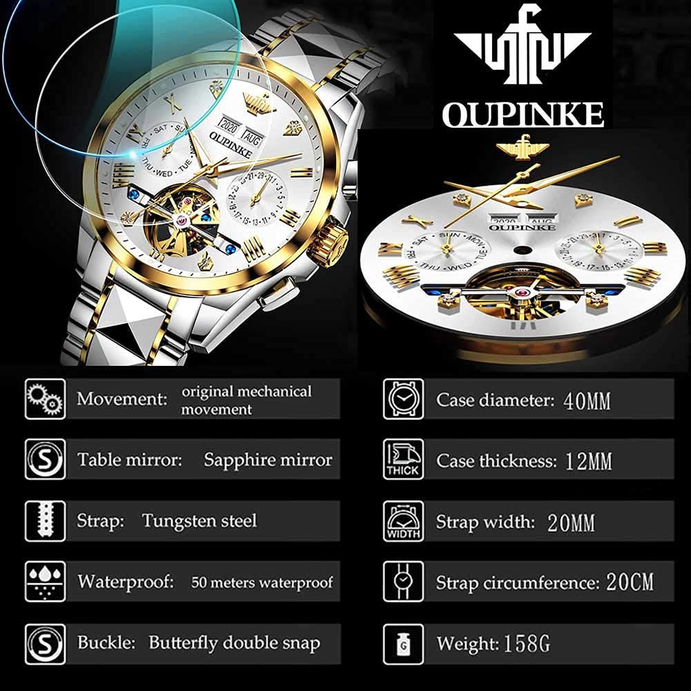 OUPINKE Automatic Skeleton Watch for Men - Self-Winding Mechanical Watch with Hollow Design, Sapphire Crystal, 50M Waterproof & Tungsten Steel Case - Perfect for Business, Formal Events & Everyday Wear