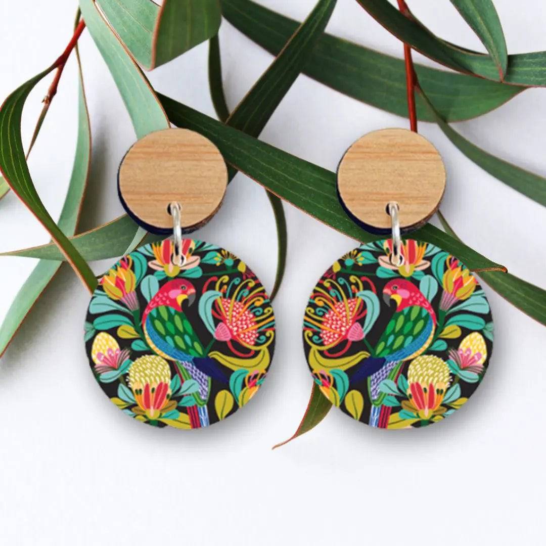 Handmade Australian Rosella Parrot Wooden Earrings - Unique Boho Bird Jewelry for Women - Perfect for Festivals, Parties & Nature Lovers