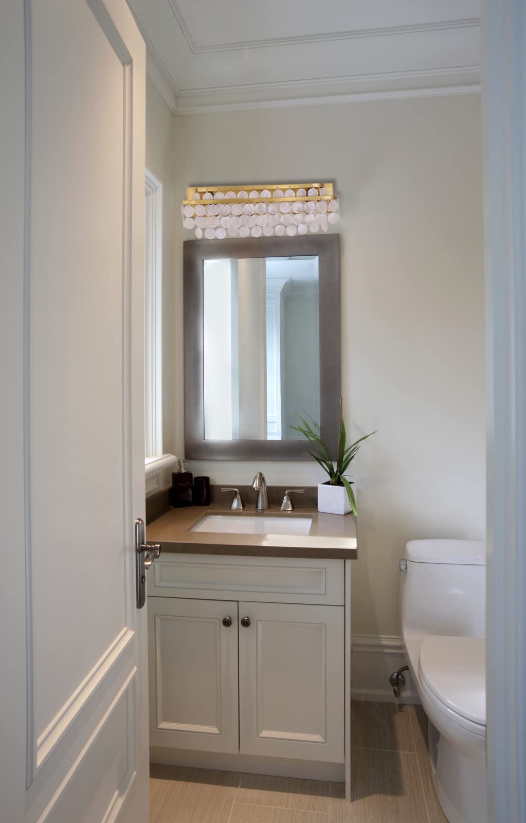 TOCHIC 3-Light Vanity Mirror Light with Natural Capiz Shell Shade, Brushed Gold Dimmable Bathroom Lighting Fixture - Modern Wall Sconce for Makeup Vanity, Powder Room, Bedroom & Living Room (23 Inch Wide) | Perfect for Soft Ambient Lighting & Elegant Home Decor