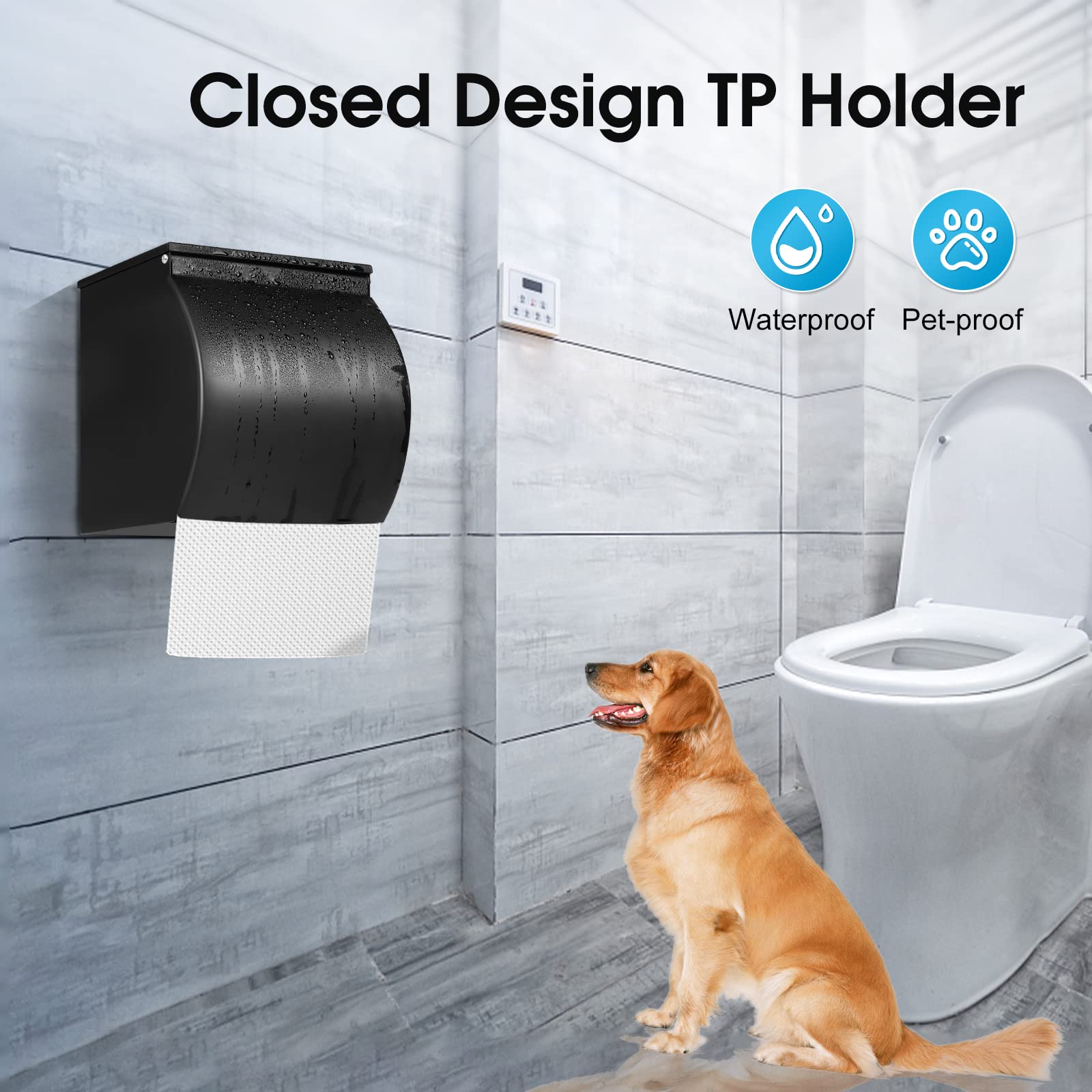 Stainless Steel Self-Adhesive Toilet Paper Holder - Waterproof, Pet-Proof Bathroom Tissue Roll Holder - Matte Black - Perfect for Bathrooms, RVs, and Small Spaces