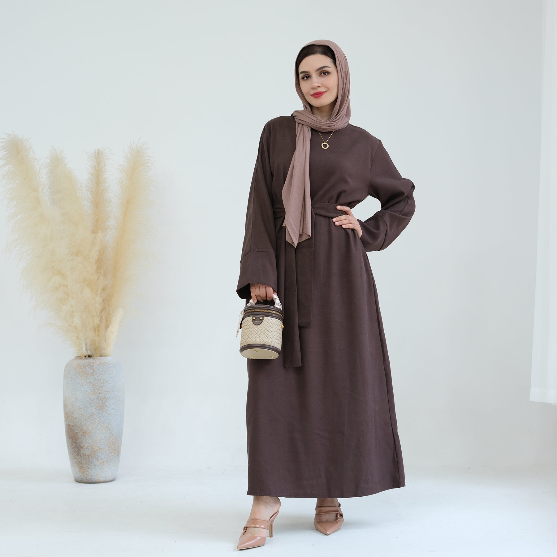 Liliana Women's Cold Weather Abaya Dress - Warm Winter Long Sleeve Maxi Dress with Hood (Brown) | Perfect for Modest Fashion, Prayer, and Outdoor Activities in Cold Climates