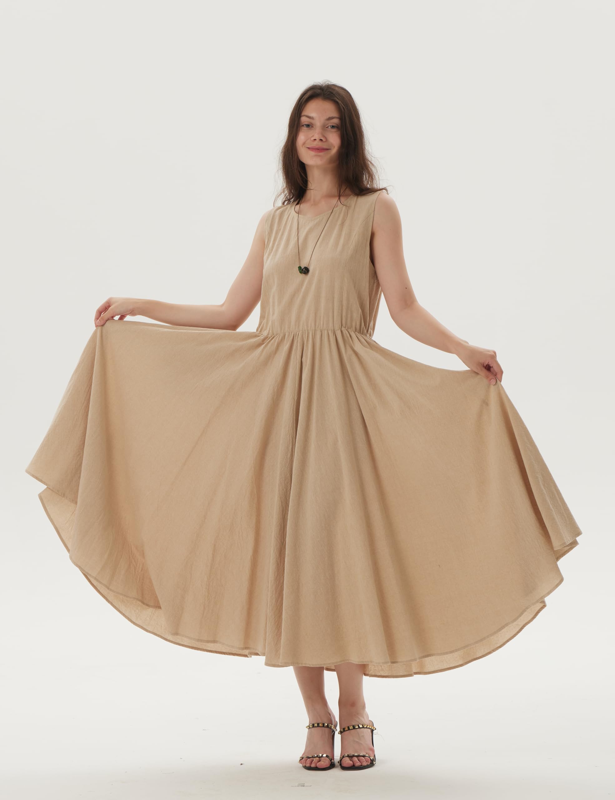 Elegant Women's Linen Maxi Dress - Sleeveless Solid Color Loose Fit Summer Dress (Size S, Natural Linen) for Beach, Vacation & Casual Outings