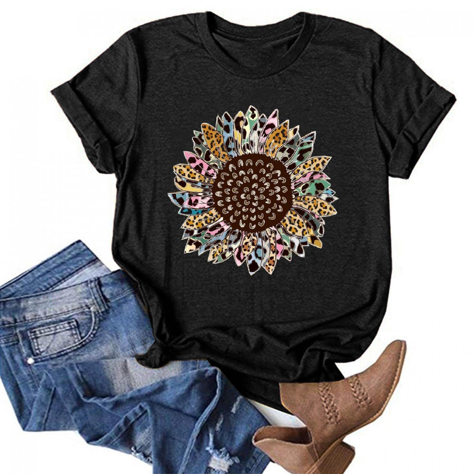 Women's Summer Sunflower Printed T-Shirts - Cute Short Sleeve Graphic Tees for Casual Wear | Perfect for Beach Outings, Picnics & Summer Vacations