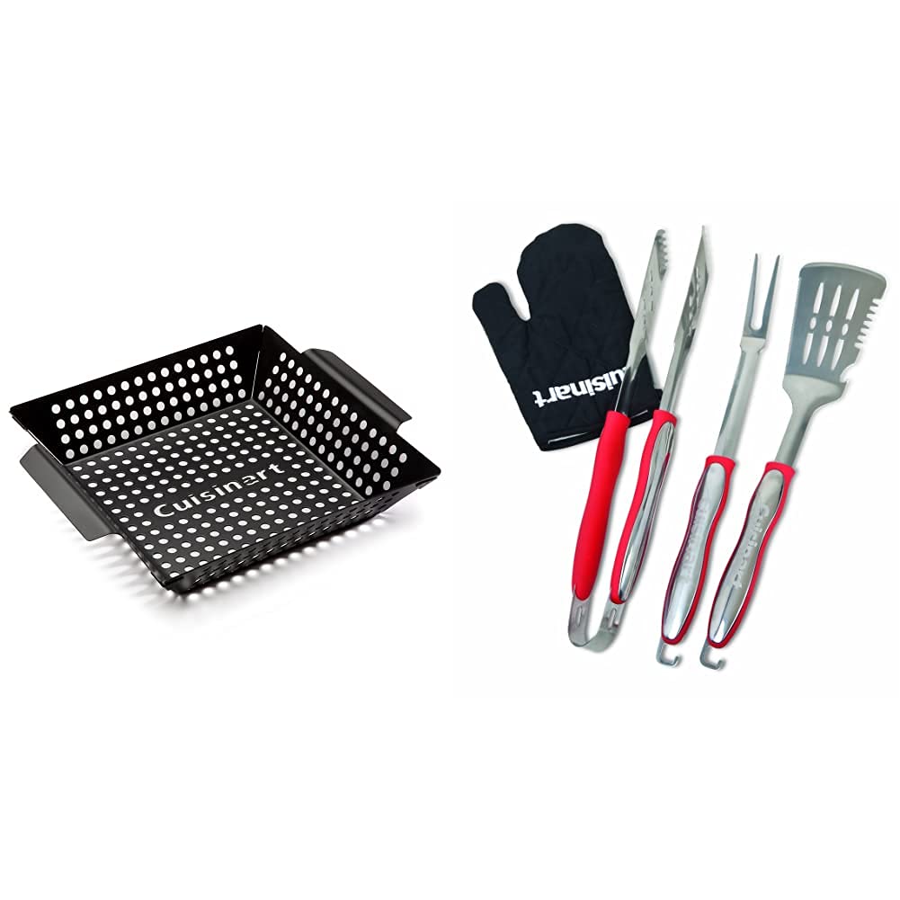 **Cuisinart Non-Stick Grill Wok & Grilling Tool Set - 11-Inch CNW-328 Wok, CGS-134 3-Piece Set with Glove (Red) - Perfect for BBQ, Outdoor Cooking & Backyard Grilling**