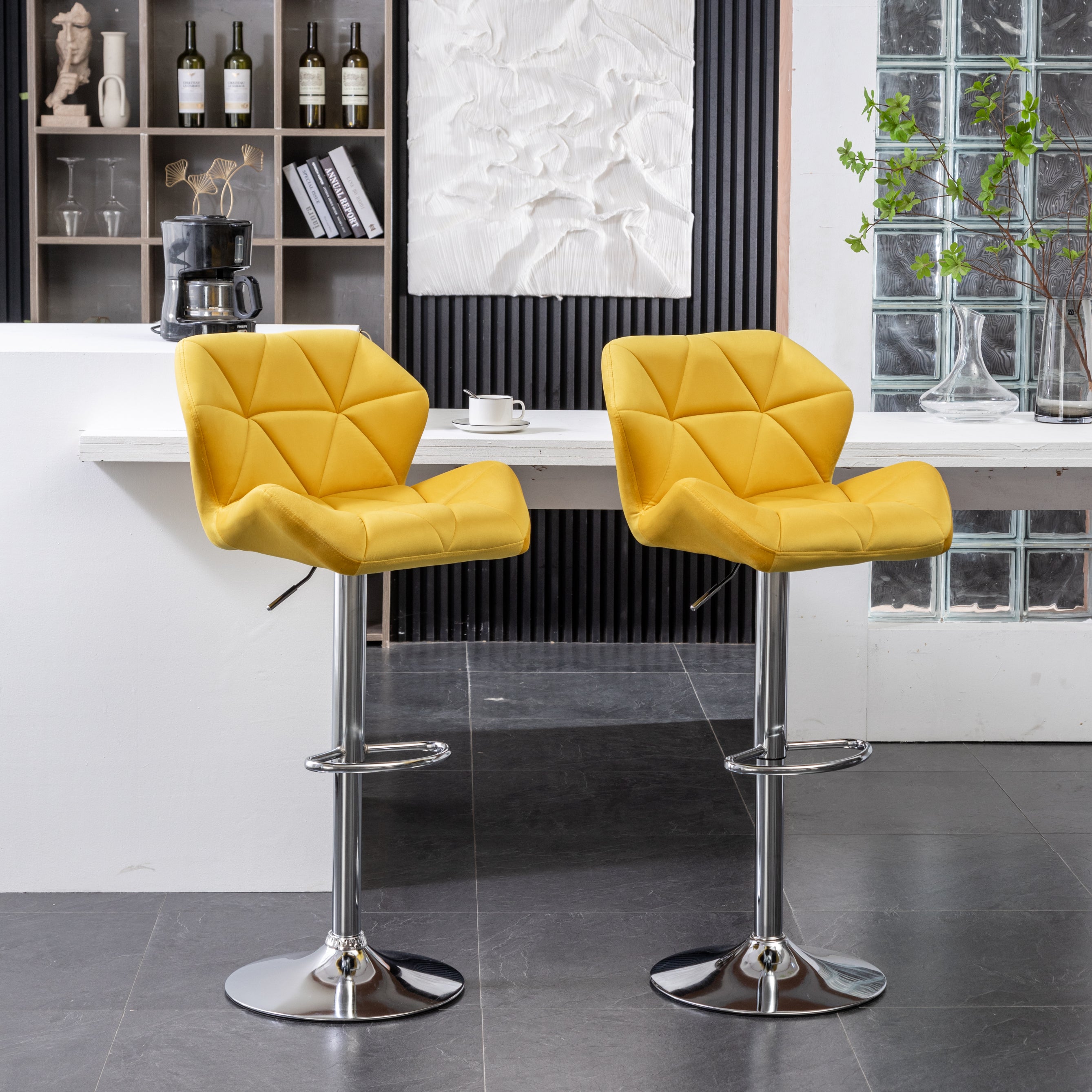 Roundhill Furniture Breni Velvet Diamond Tufted Swivel Adjustable Height Bar Stool - Yellow (Set of 2) - Perfect for Kitchen Island, Home Bar & Breakfast Nook