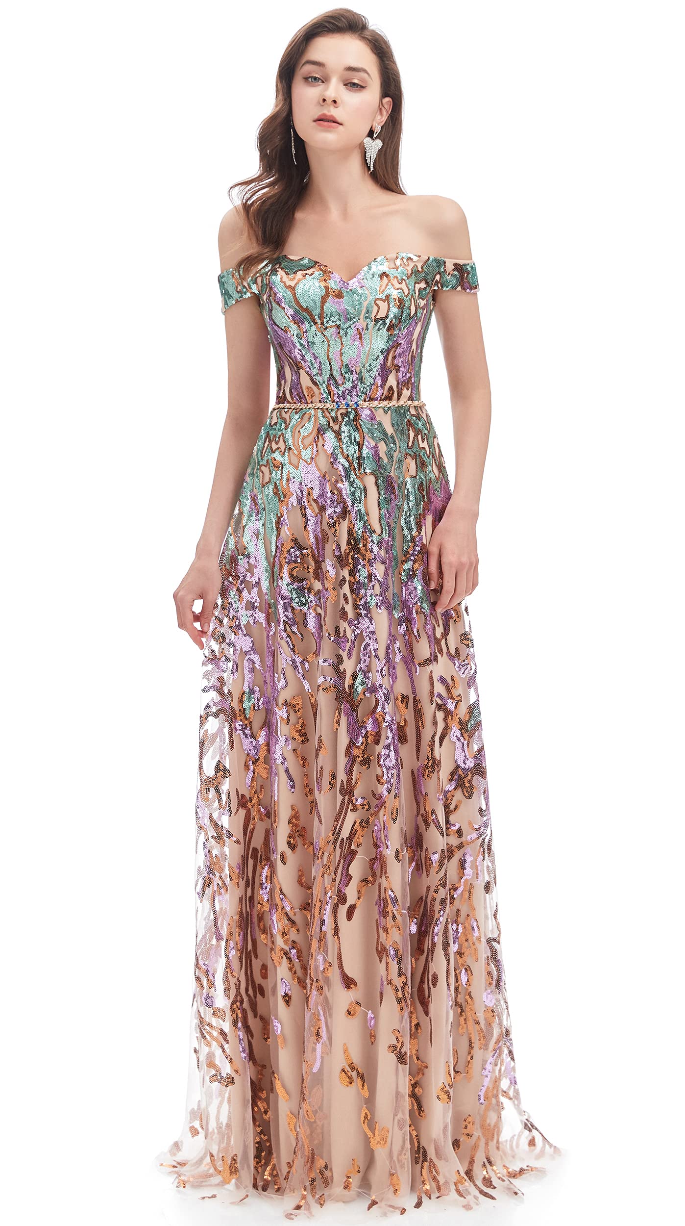 Elegant Women's Off-Shoulder A-Line Sequins Sleeveless Prom Dress for Evening Gala, Homecoming, or Special Occasions