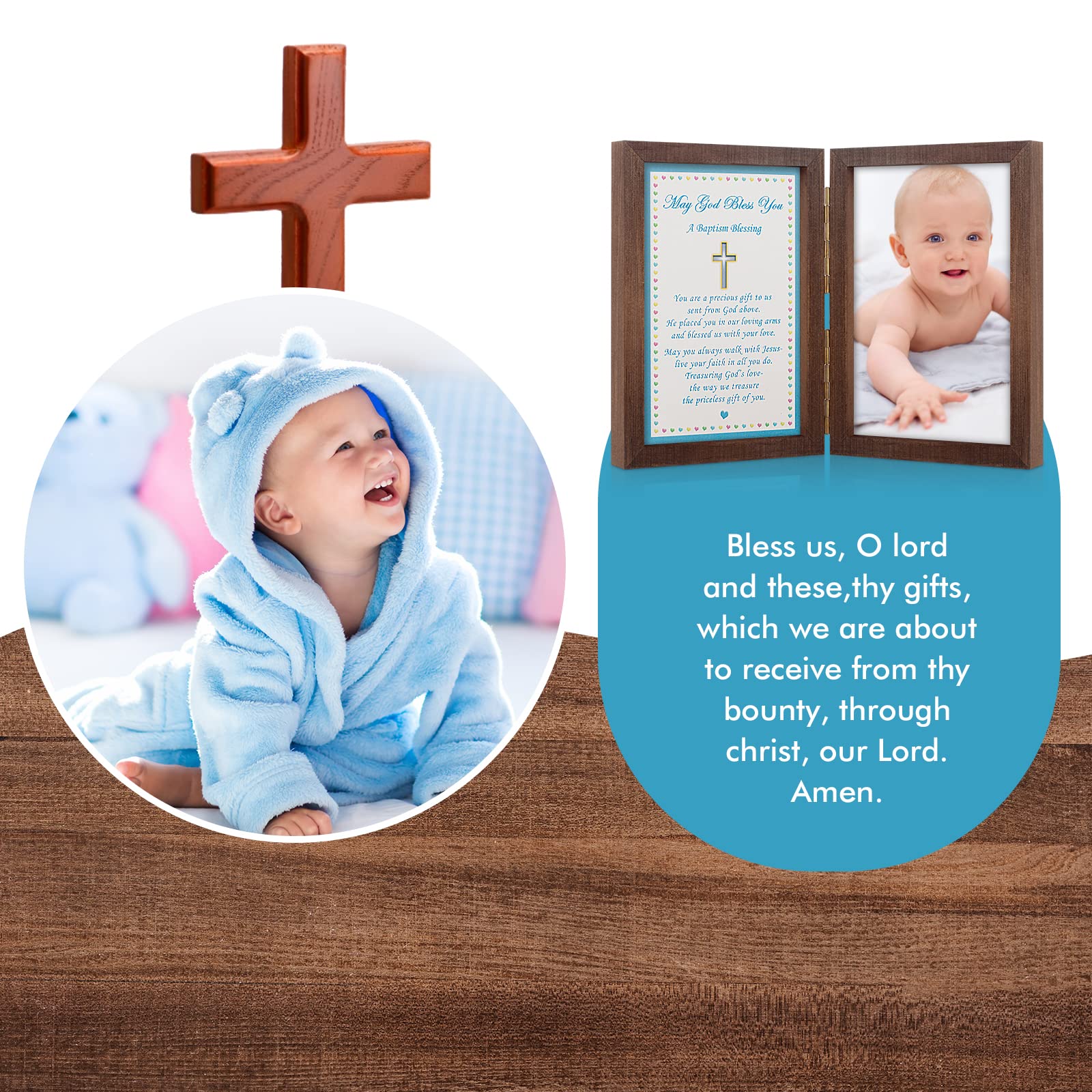 Yakucho Baptism Gifts for Boys - Christening Picture Frame with Blessing Card, Holds 4x6 Inch Photo - Perfect Baby Boy Baptism Keepsake for Christening Ceremony, First Communion & Religious Milestones