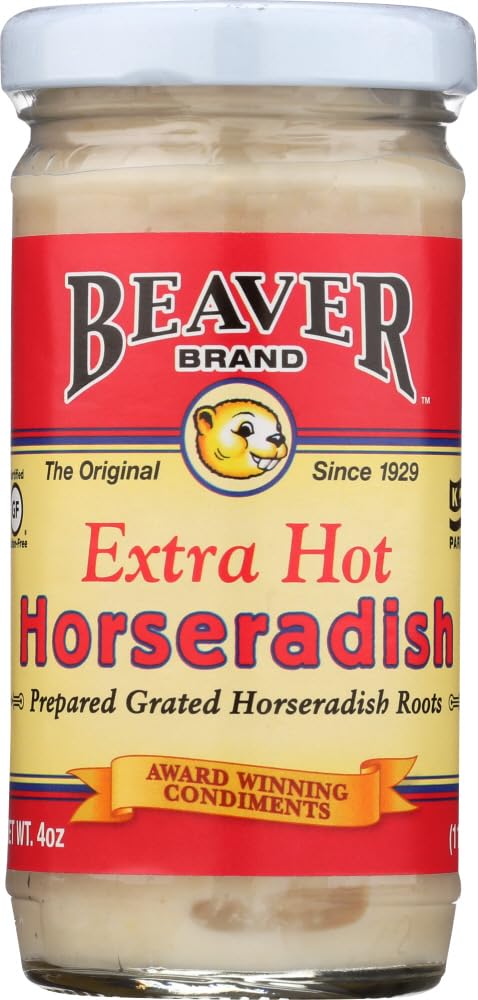 Beaver Extra Hot Horseradish Sauce - 4 Fl Oz (Pack of 4) - Spicy Condiment for Sandwiches, Roast Beef & Seafood - Gluten-Free & Vegan-Friendly
