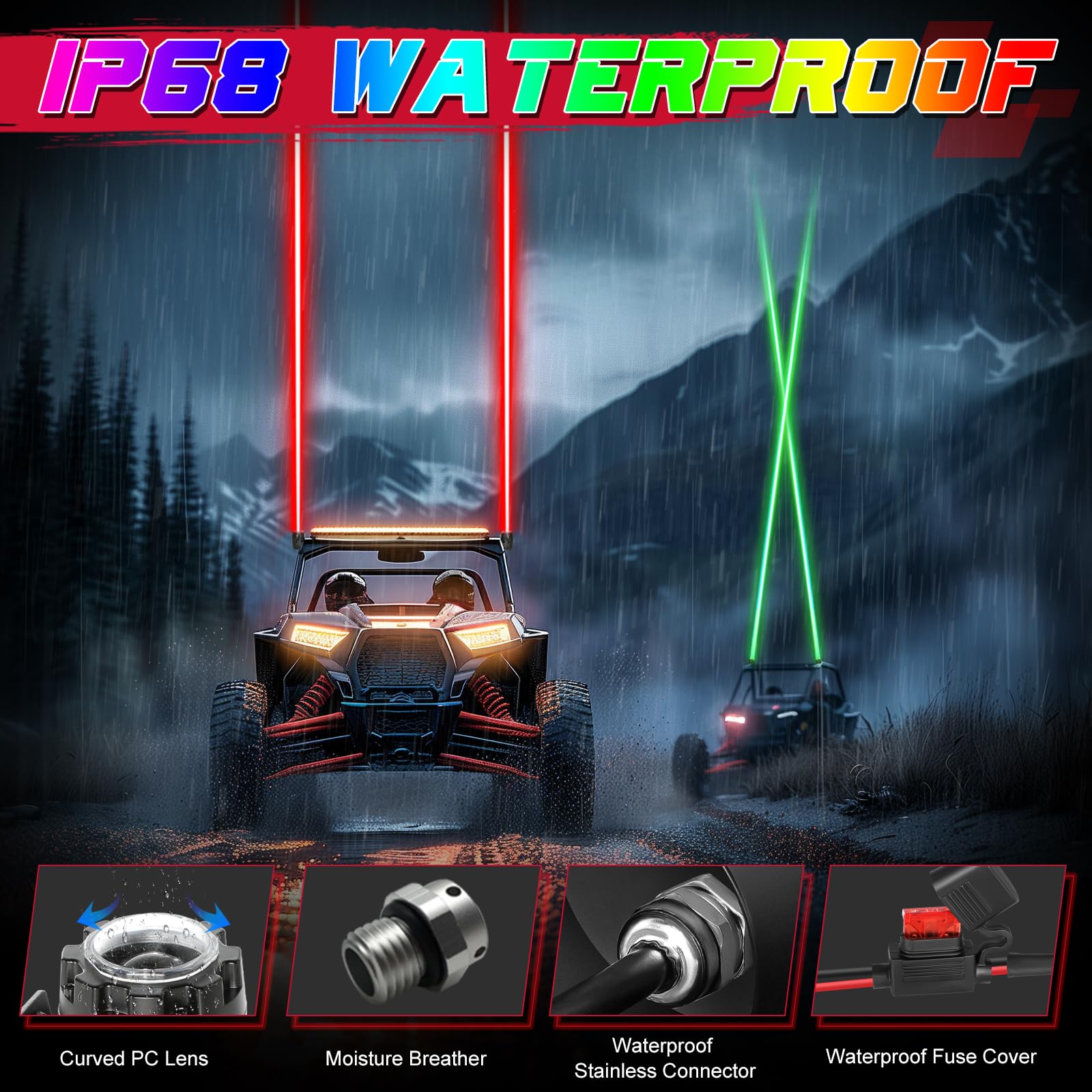 OFFROADTOWN Upgraded RGBW LED Whip Lights with Remote Control - Chase Light Antenna for UTV, ATV, SXS, RZR, Can-Am, Polaris, Truck, Jeep & Boat - Perfect for Night Off-Roading, Camping & Outdoor Adventures