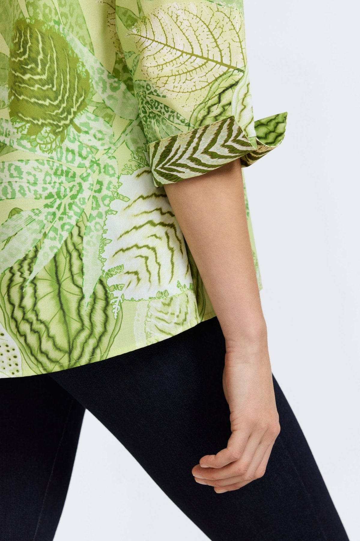 Agnes Jungle Leaves 3/4 Sleeve Popover Shirt for Women - Tropical Floral Print Casual Blouse - Perfect for Vacation, Beach Outings & Summer Fashion