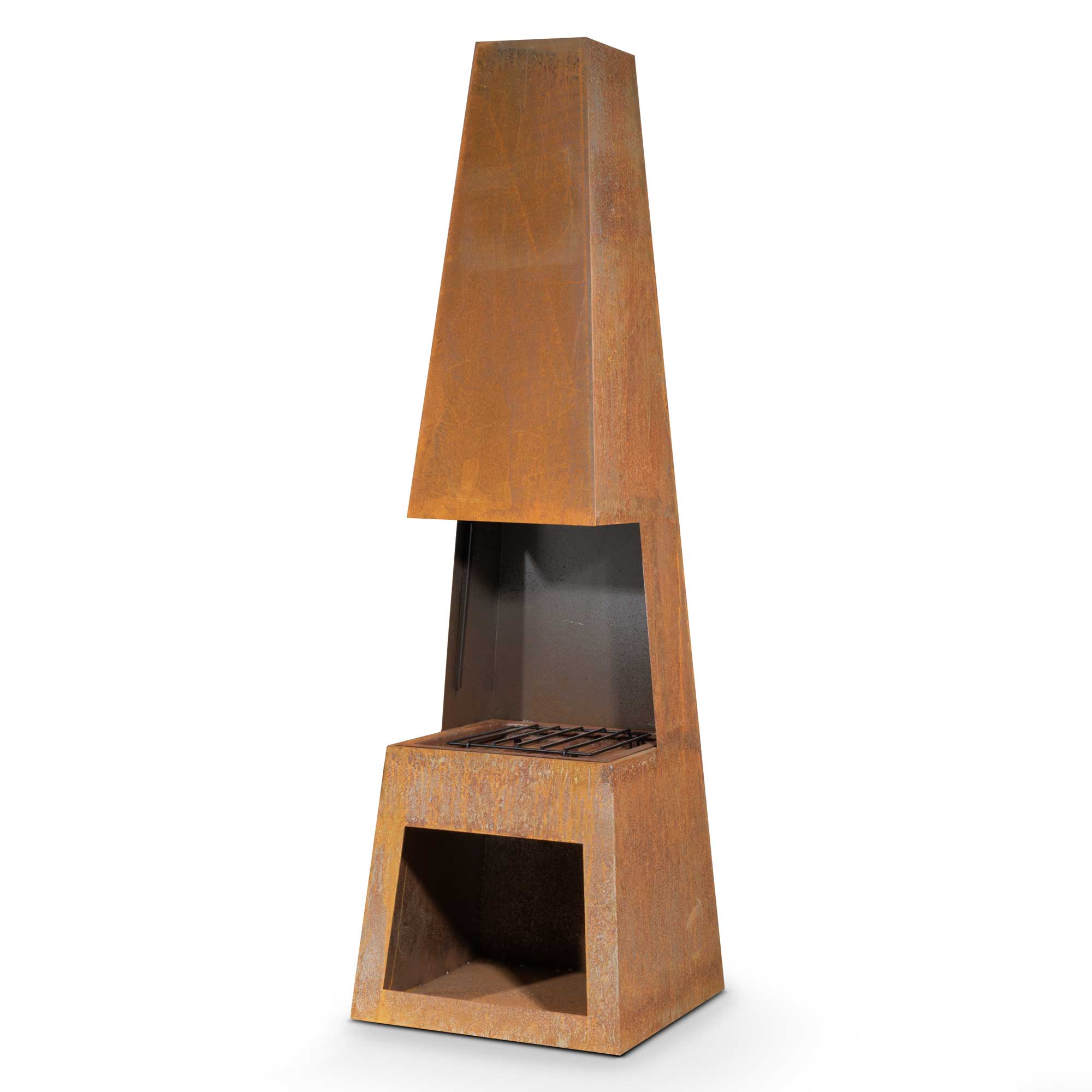 Outdoor Pyramid Chiminea Fire Pit - Corten Steel Fireplace Heater with Firewood Storage (DG108) - Perfect for Patio, Garden, and Backyard Gatherings