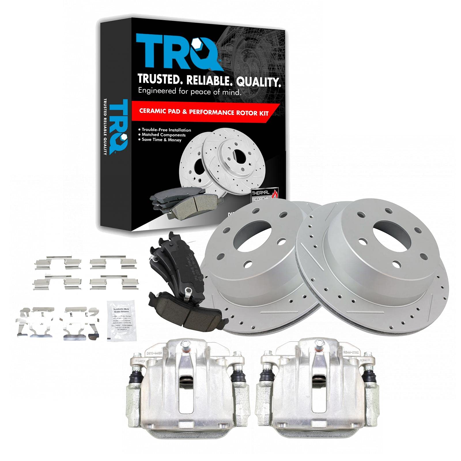 TRQ Rear Ceramic Brake Pads with Performance Drilled & Slotted Zinc Coated Rotors and Calipers - Perfect for High-Performance Vehicles, Racing, and Daily Driving