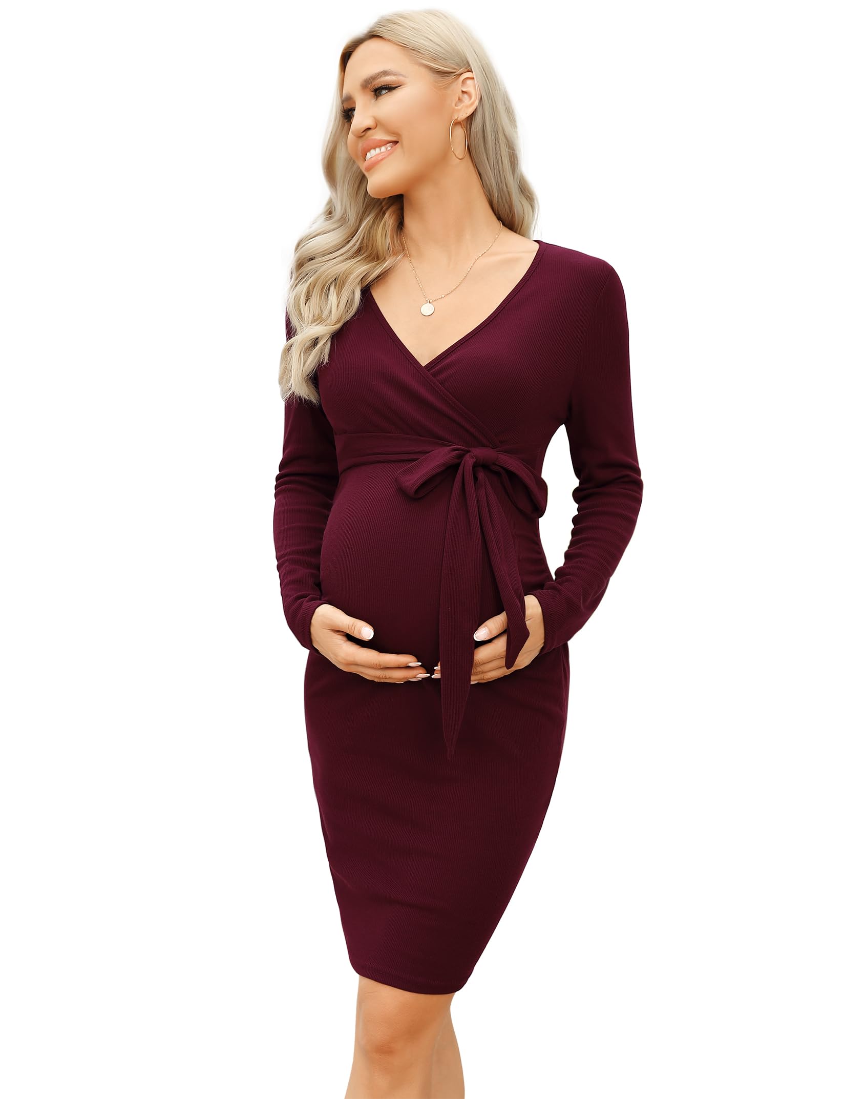 KOJOOIN Women's Maternity Ribbed Knit Long Sleeve Wrap V-Neck Bodycon Dress - Fall Casual Sweater Mini Dress with Belt for Baby Shower & Photoshoot (Burgundy) | Perfect for Pregnancy Photos, Bridal Showers & Autumn Outfits