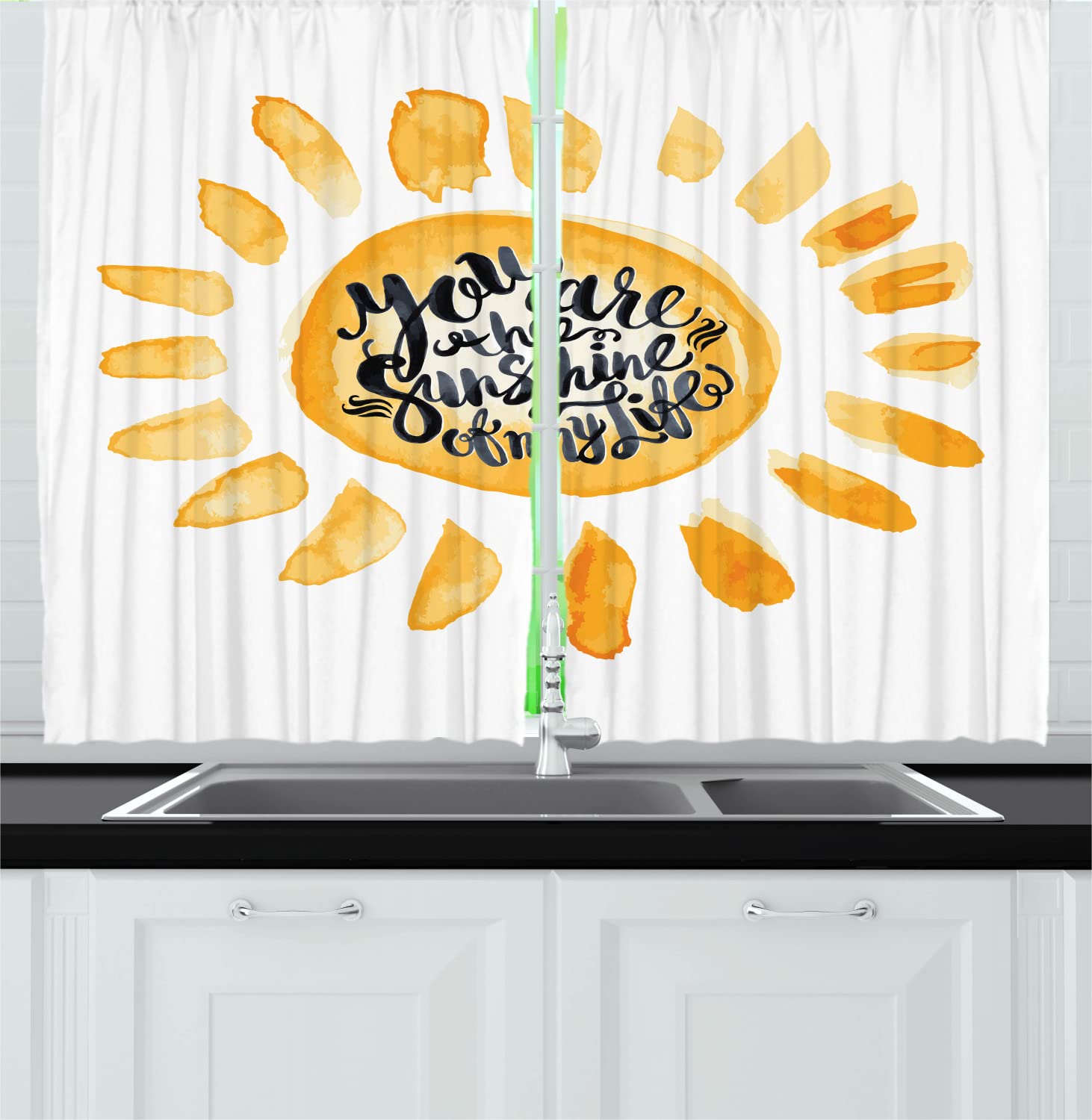 Ambesonne Long Kitchen Curtains - Watercolor Sunny Hot Life Print, Warm Emotional Design, Fun Sign Decor - 2 Panel Rod Pocket Drapes 55