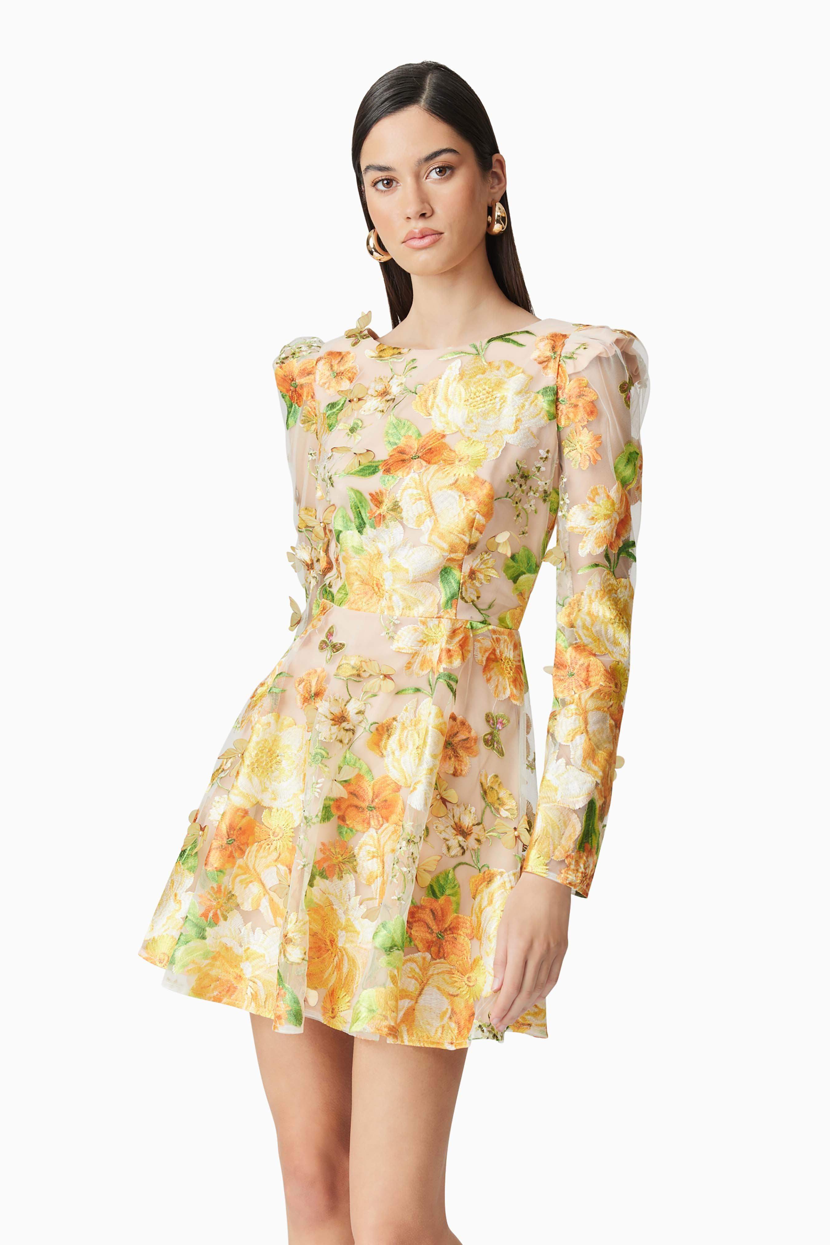 Aella Yellow Floral Embroidery A-Line Mini Dress for Women - Perfect for Summer Parties, Weddings & Casual Outings
